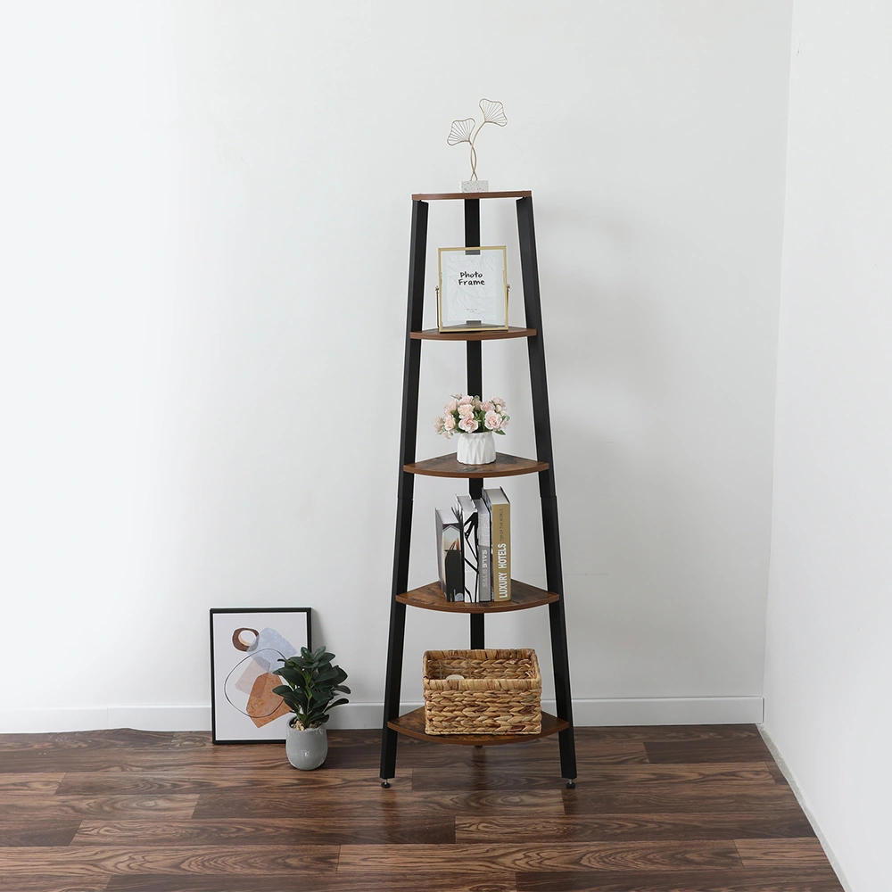 Corner Shelf, 5-Tier Bookshelf, Plant Stand, Wood Look Accent Bookcase Furniture with Metal Frame, for Home and Office, Rustic Brown view 3