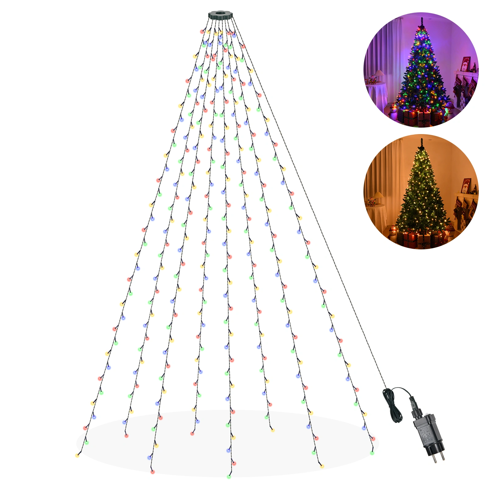 150cm Christmas Tree Lights with Ring, 200 LED Warm White & Colorful String Lights, 11 Modes with Remote for Holiday Party Decor