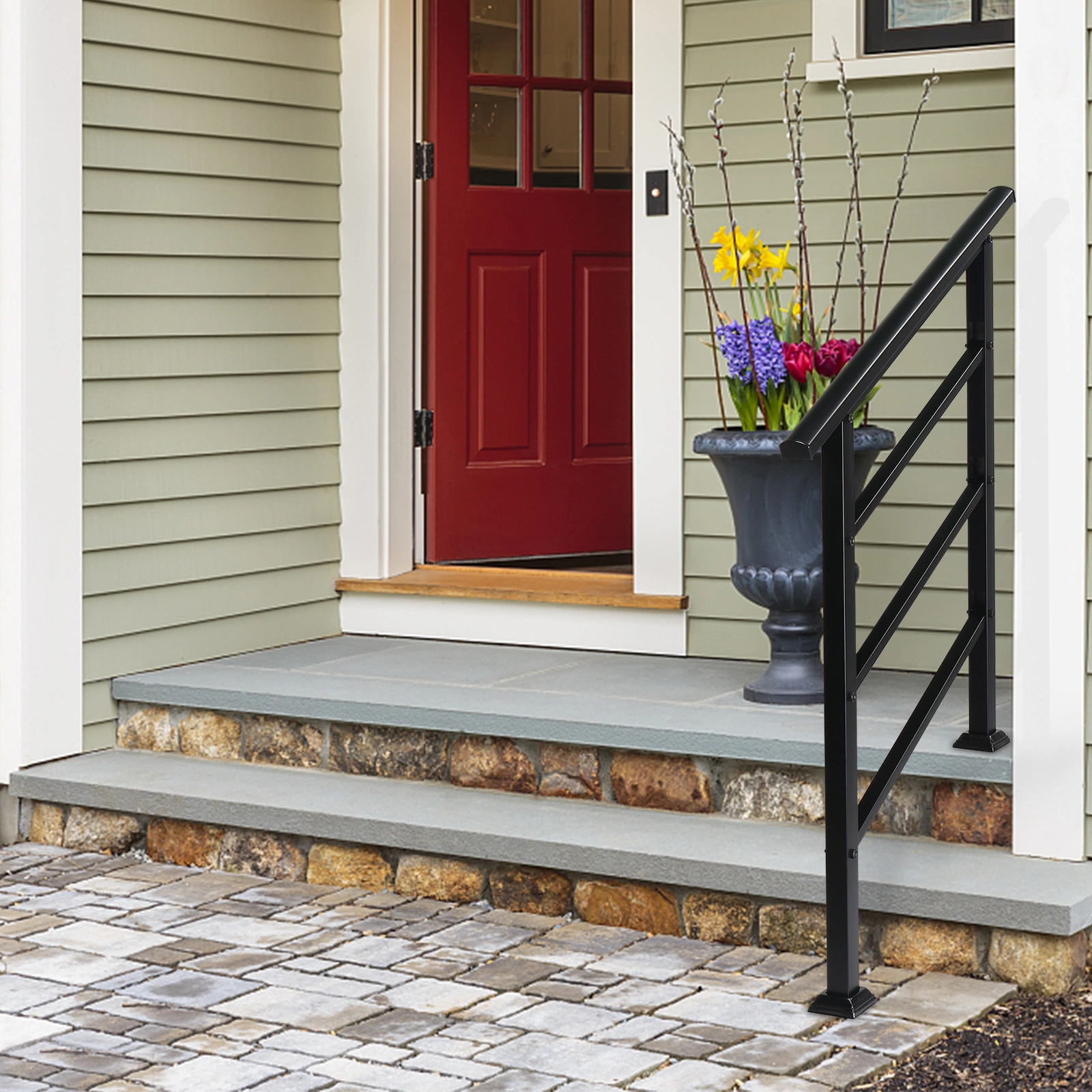 Handrails for Outdoor Steps, Wrought Iron Handrail Fits 1 or 3 Steps, Transitional Handrail with Installation Kit, Black view 10