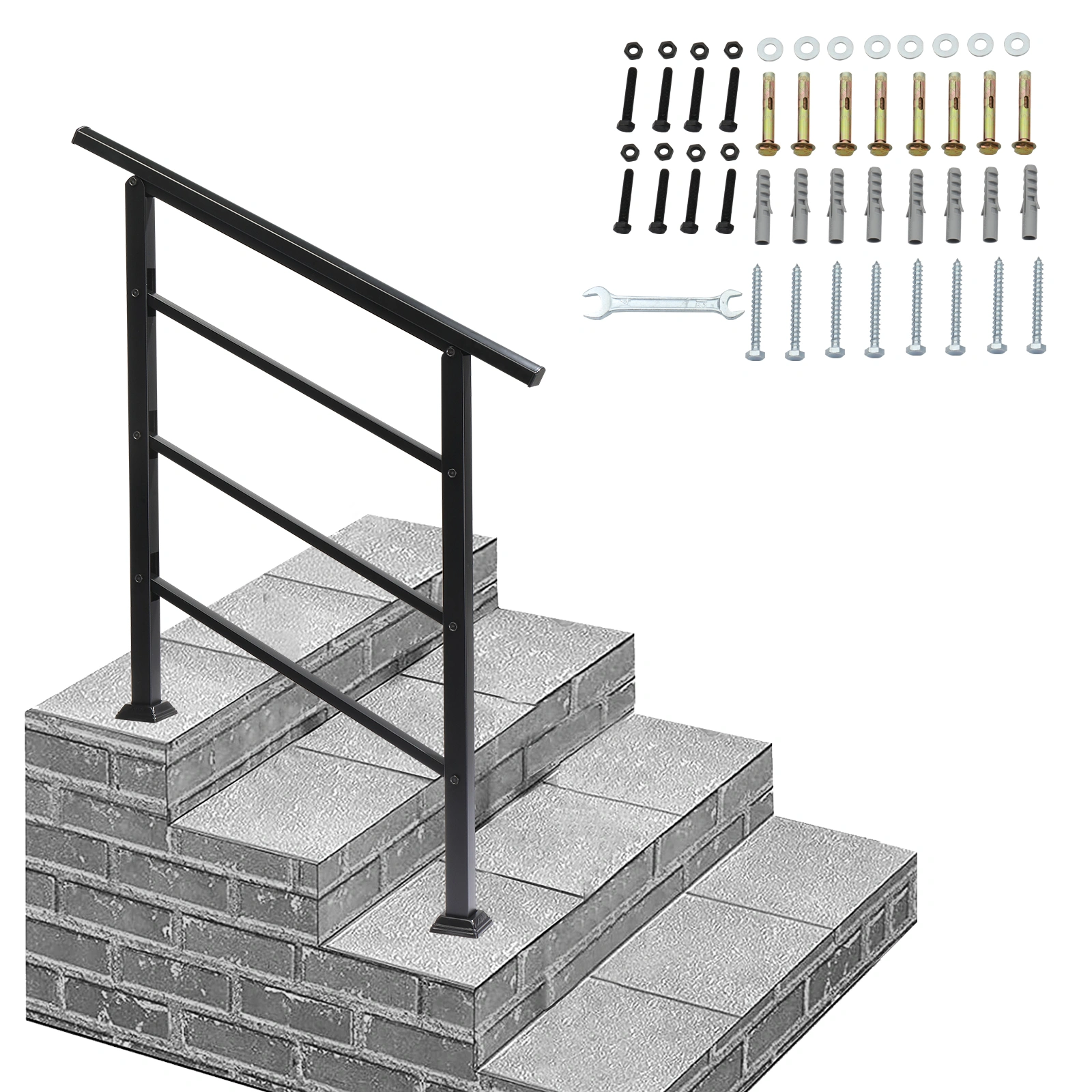 Handrails for Outdoor Steps, Wrought Iron Handrail Fits 1 or 3 Steps, Transitional Handrail with Installation Kit, Black view 5