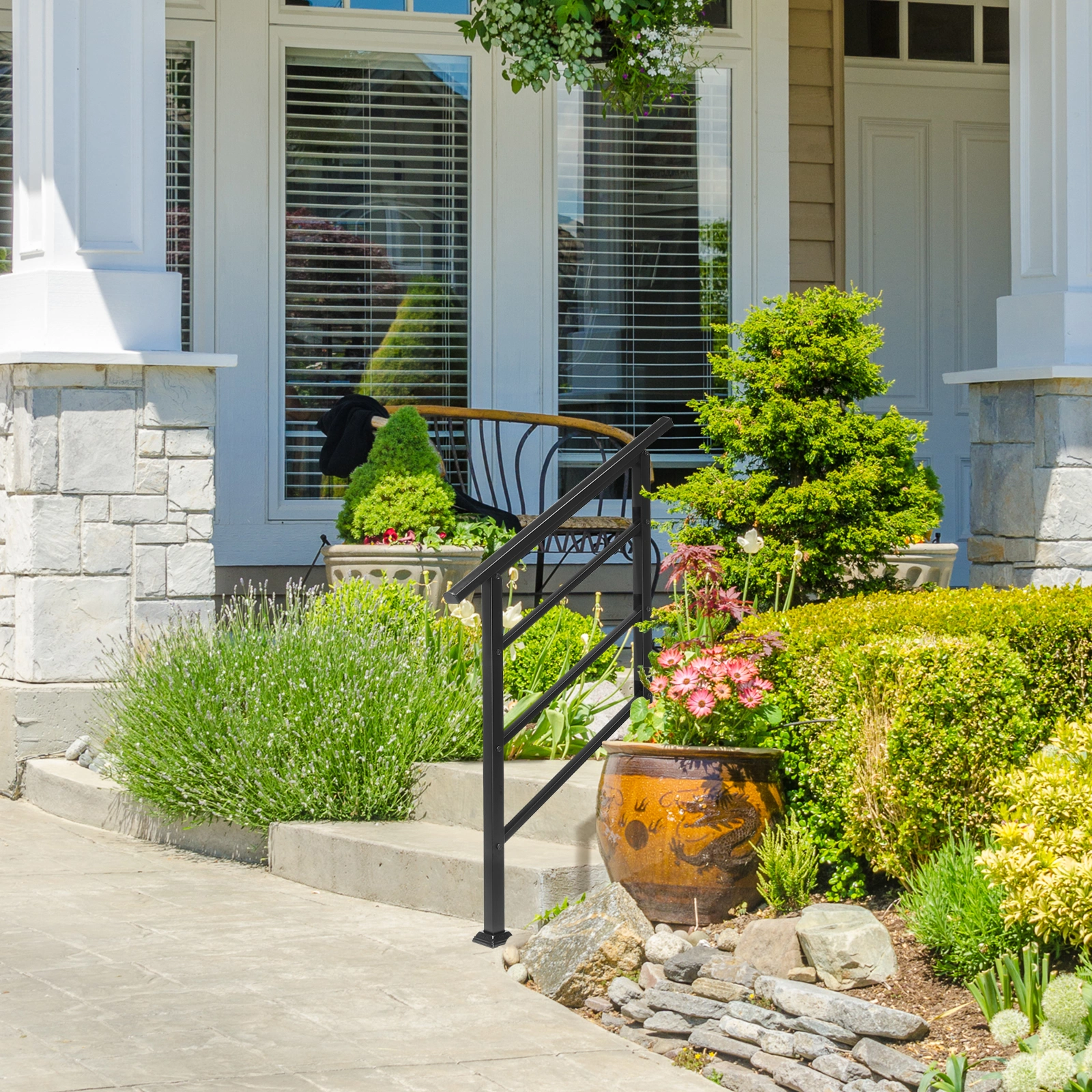 Handrails for Outdoor Steps, Wrought Iron Handrail Fits 1 or 3 Steps, Transitional Handrail with Installation Kit, Black view 8