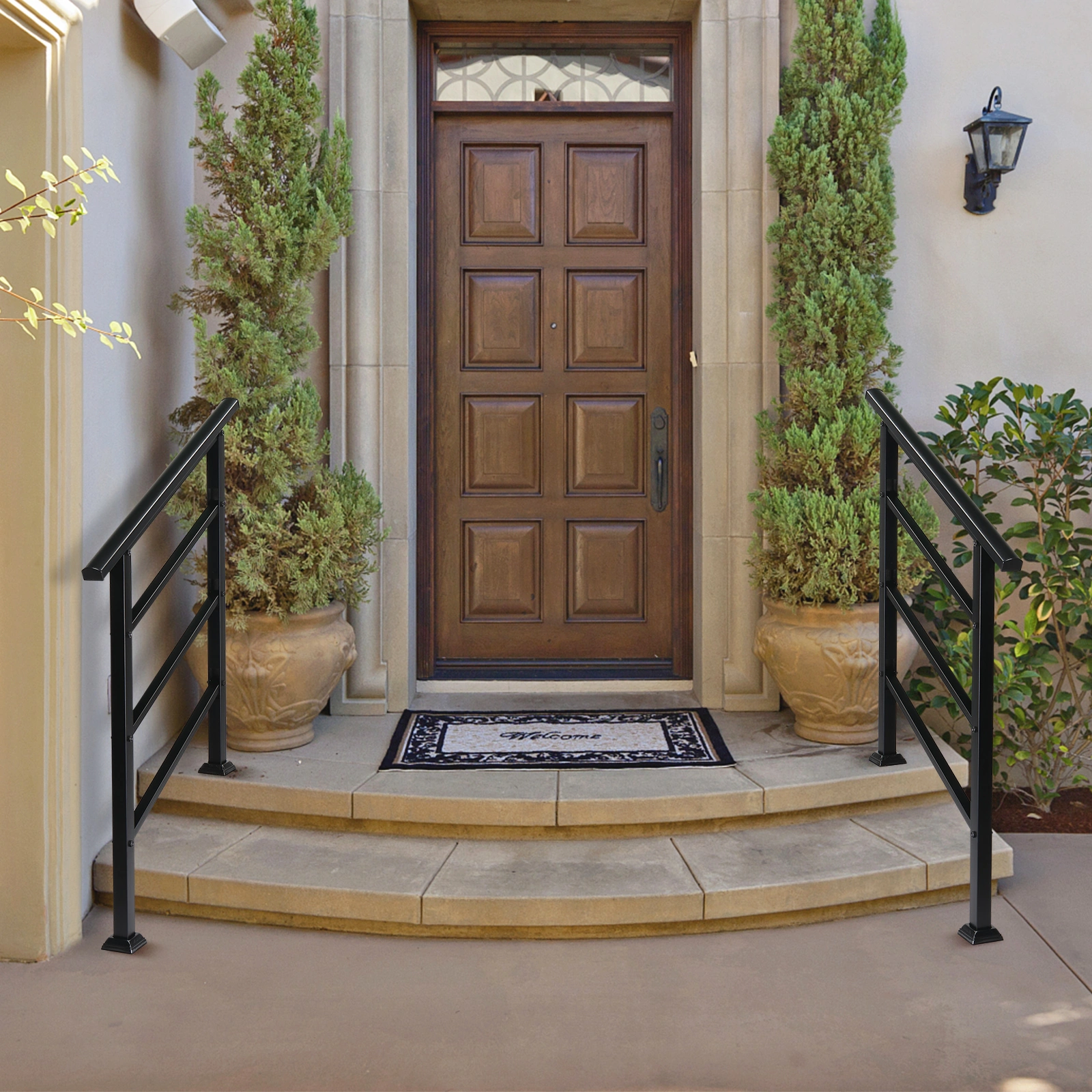 Handrails for Outdoor Steps, Wrought Iron Handrail Fits 1 or 3 Steps, Transitional Handrail with Installation Kit, Black view 9