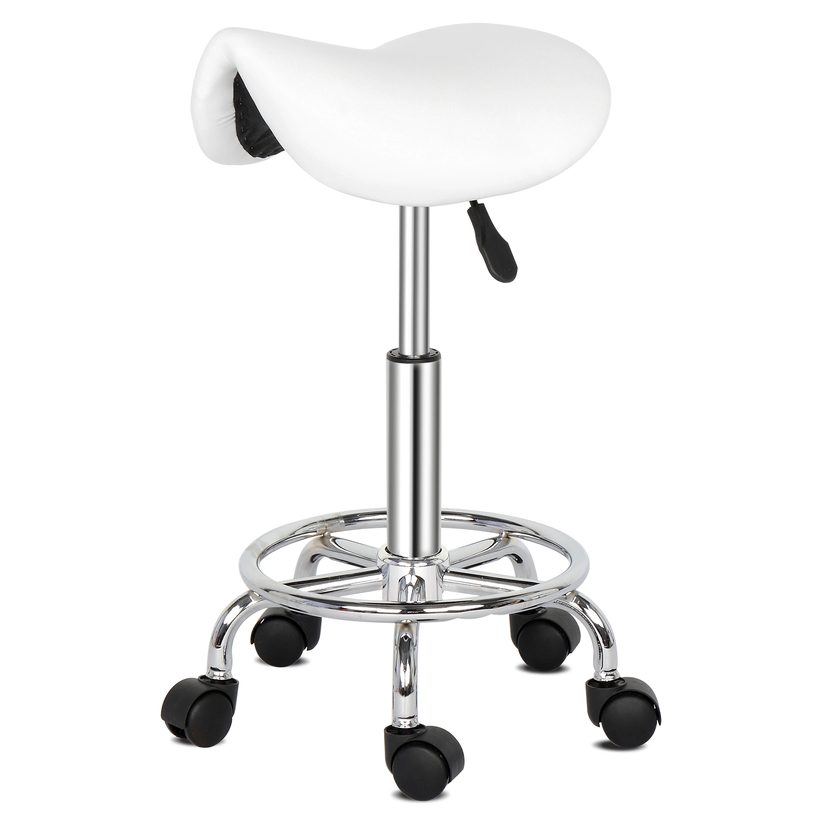 White Saddle Stool with Rotation, Ha Ha Feet Bar Stool, Swivel Height-Adjustable Seat view 2