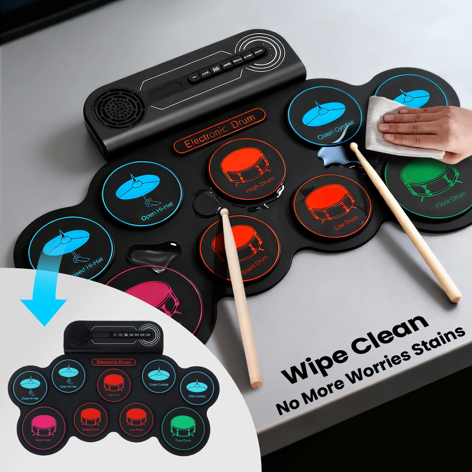 Tragbares Elektronisches Schlagzeug, 9 Drum Pads mit Metronom & Pedal, 8 Demos, Wiederaufladbar für Anfänger & Profis view 4