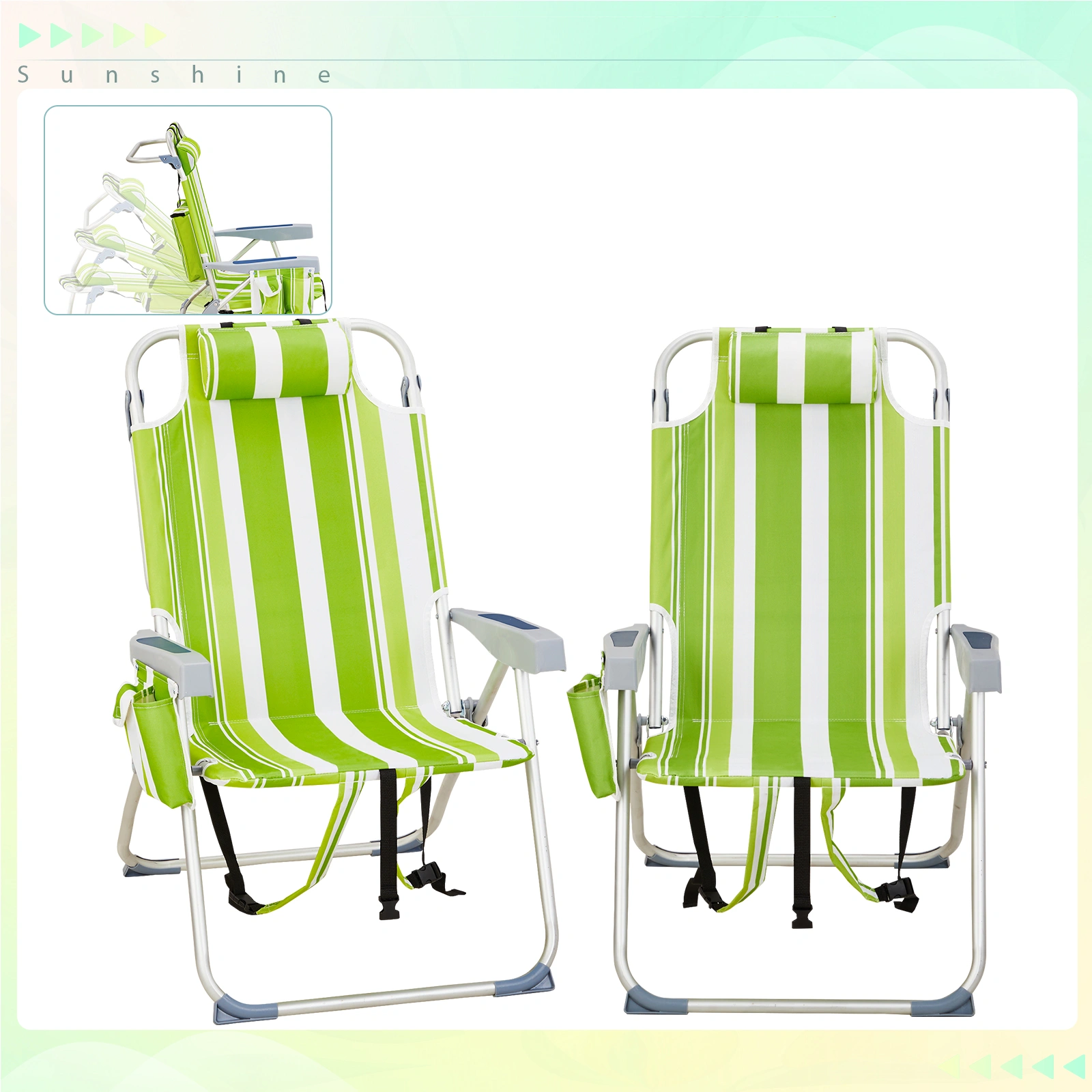 63*70*99cm Heightened Oxford Cloth Silver White Aluminum Tube Bearing 100kg Beach Chair Green Stripes view 14