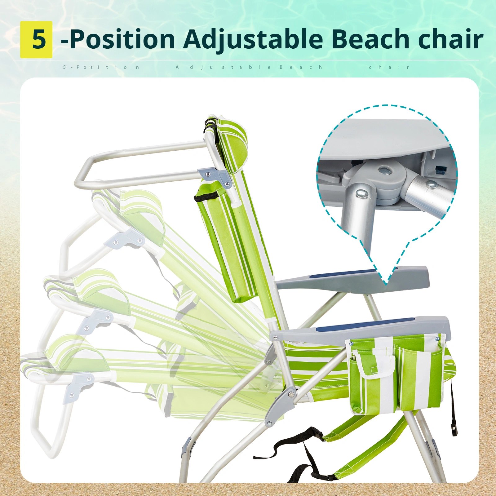 63*70*99cm Heightened Oxford Cloth Silver White Aluminum Tube Bearing 100kg Beach Chair Green Stripes view 16