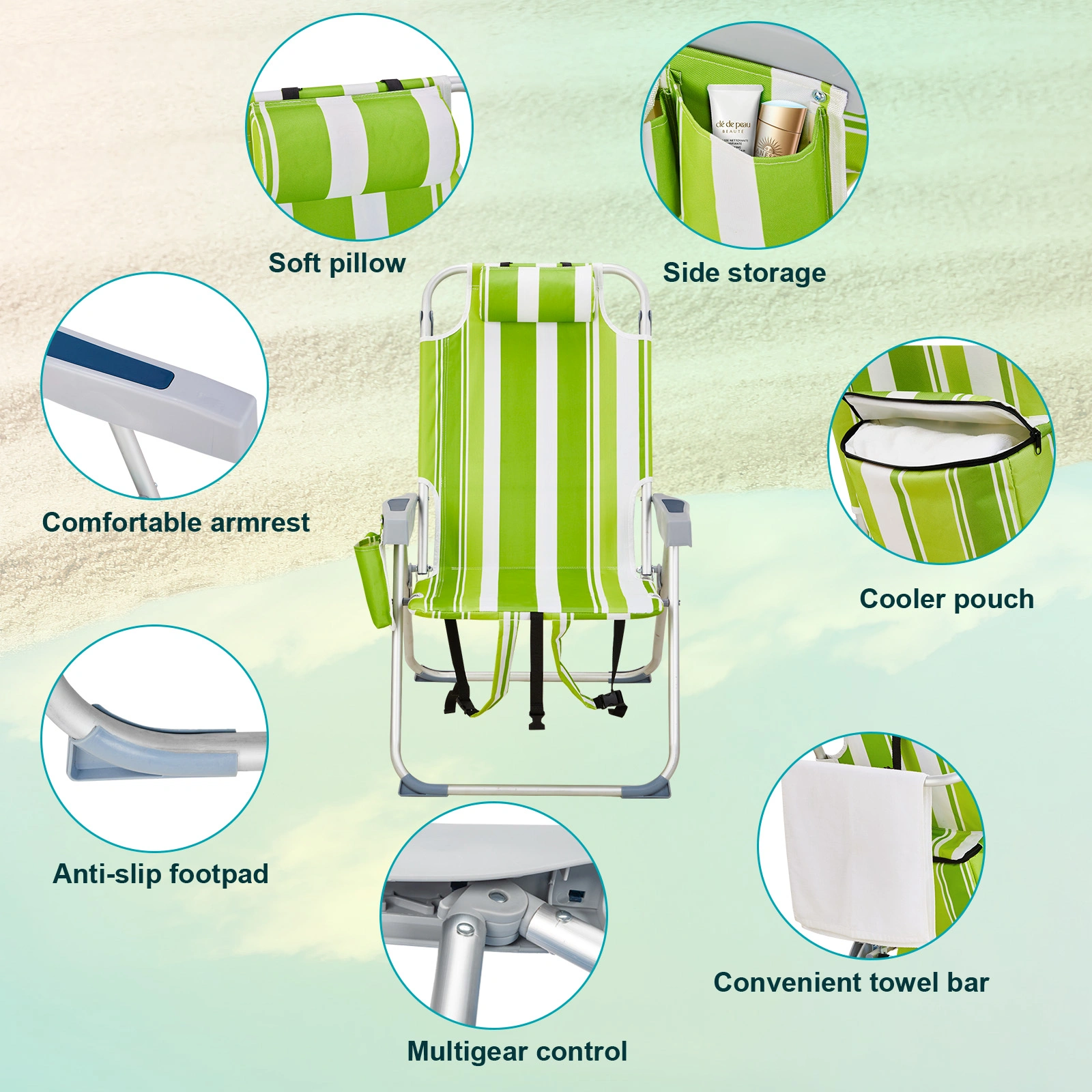 63*70*99cm Heightened Oxford Cloth Silver White Aluminum Tube Bearing 100kg Beach Chair Green Stripes view 17