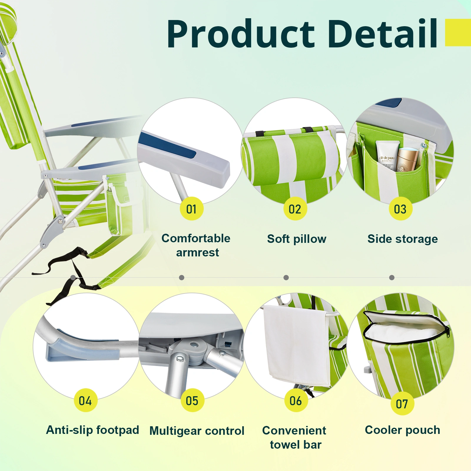 63*70*99cm Heightened Oxford Cloth Silver White Aluminum Tube Bearing 100kg Beach Chair Green Stripes view 18