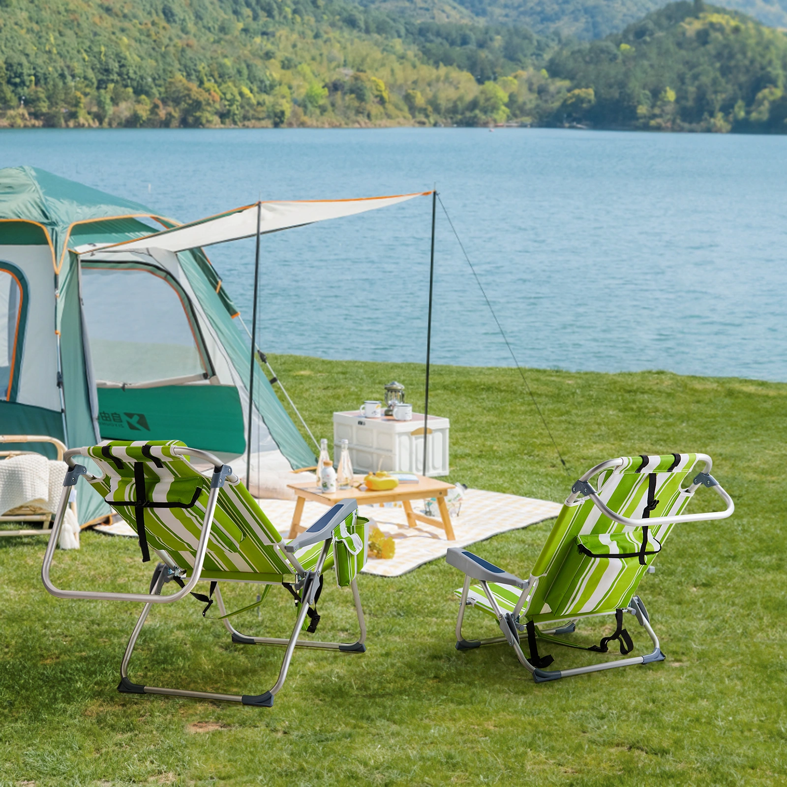 63*70*99cm Heightened Oxford Cloth Silver White Aluminum Tube Bearing 100kg Beach Chair Green Stripes view 19