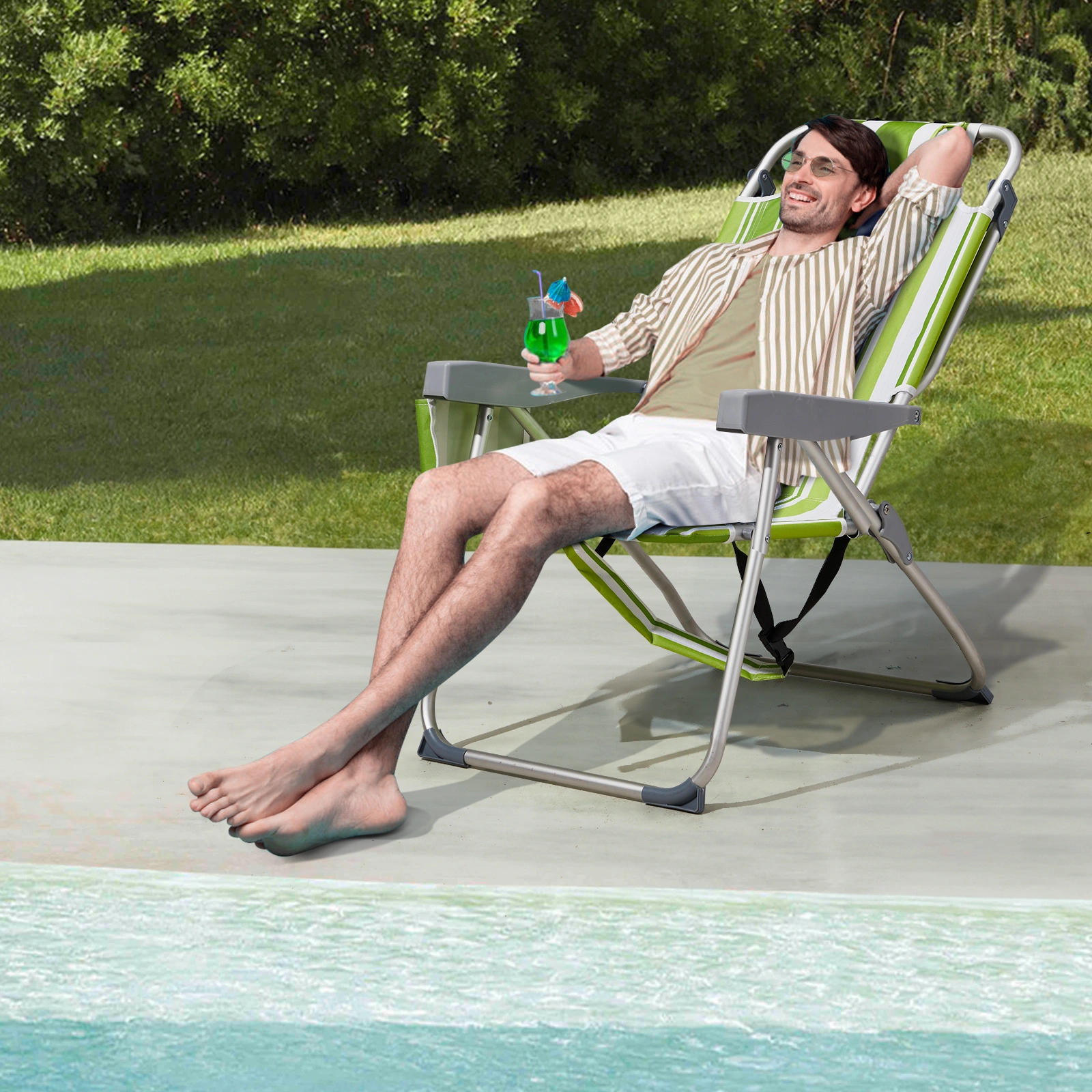 63*70*99cm Heightened Oxford Cloth Silver White Aluminum Tube Bearing 100kg Beach Chair Green Stripes view 4