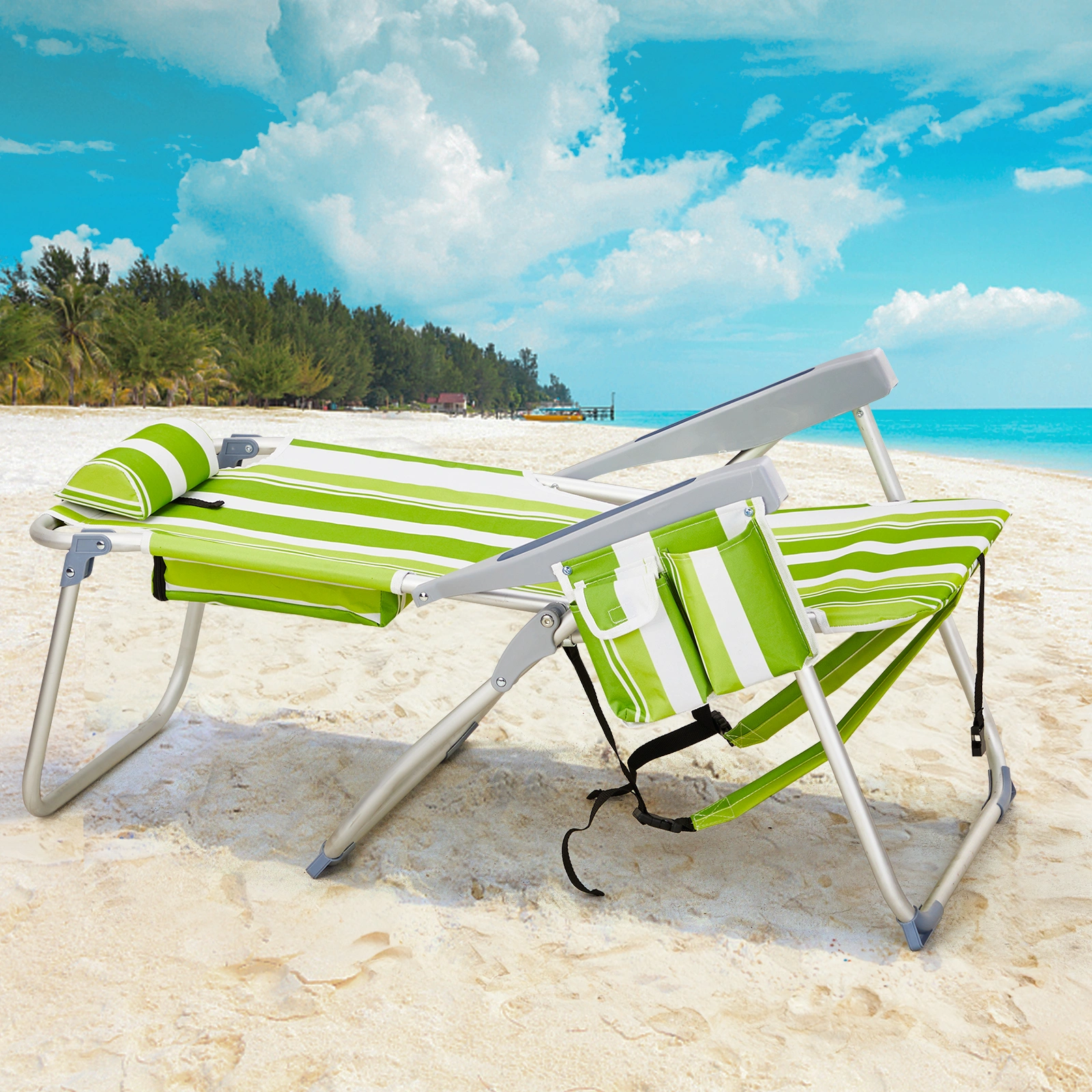 63*70*99cm Heightened Oxford Cloth Silver White Aluminum Tube Bearing 100kg Beach Chair Green Stripes view 5