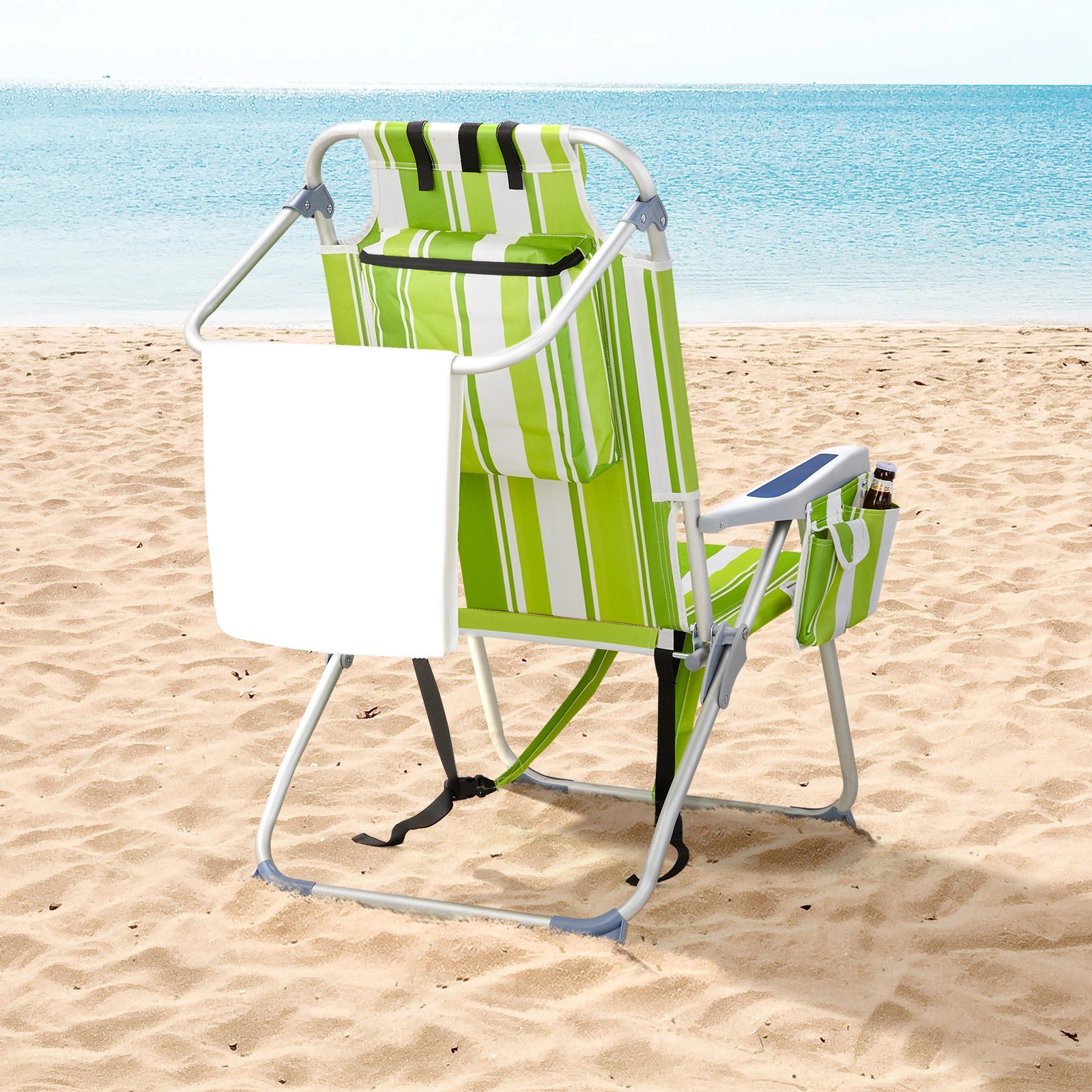 63*70*99cm Heightened Oxford Cloth Silver White Aluminum Tube Bearing 100kg Beach Chair Green Stripes view 7
