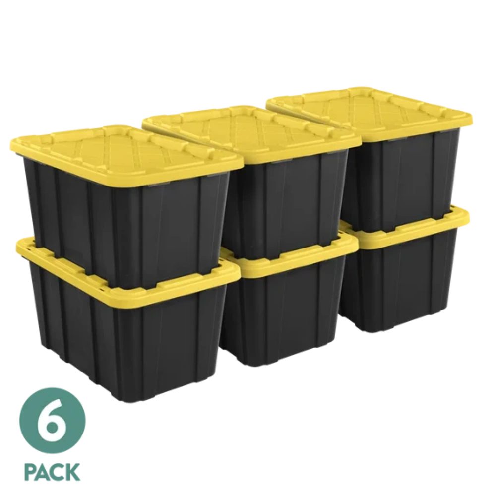 Large Storage Bin, 27 Gallon Durable Plastic Storage Tote with Snap-On Lid, Black and Yellow, 6 Pack