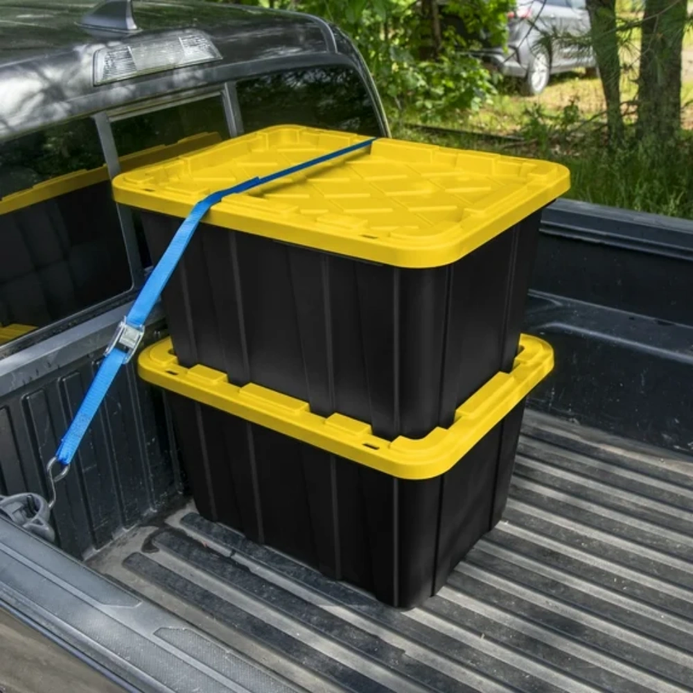Large Storage Bin, 27 Gallon Durable Plastic Storage Tote with Snap-On Lid, Black and Yellow, 6 Pack view 4