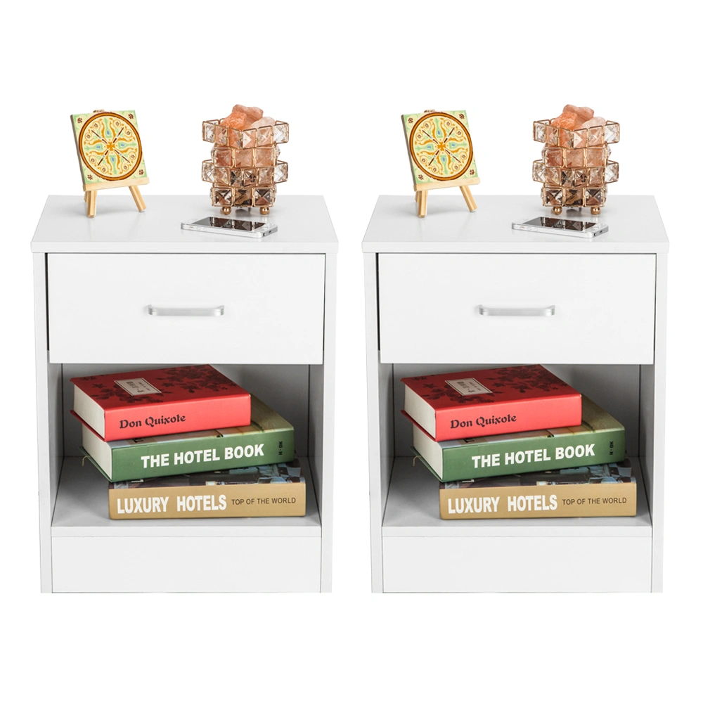 2 Piece White Nightstands with Drawer, Modern Bedside Tables