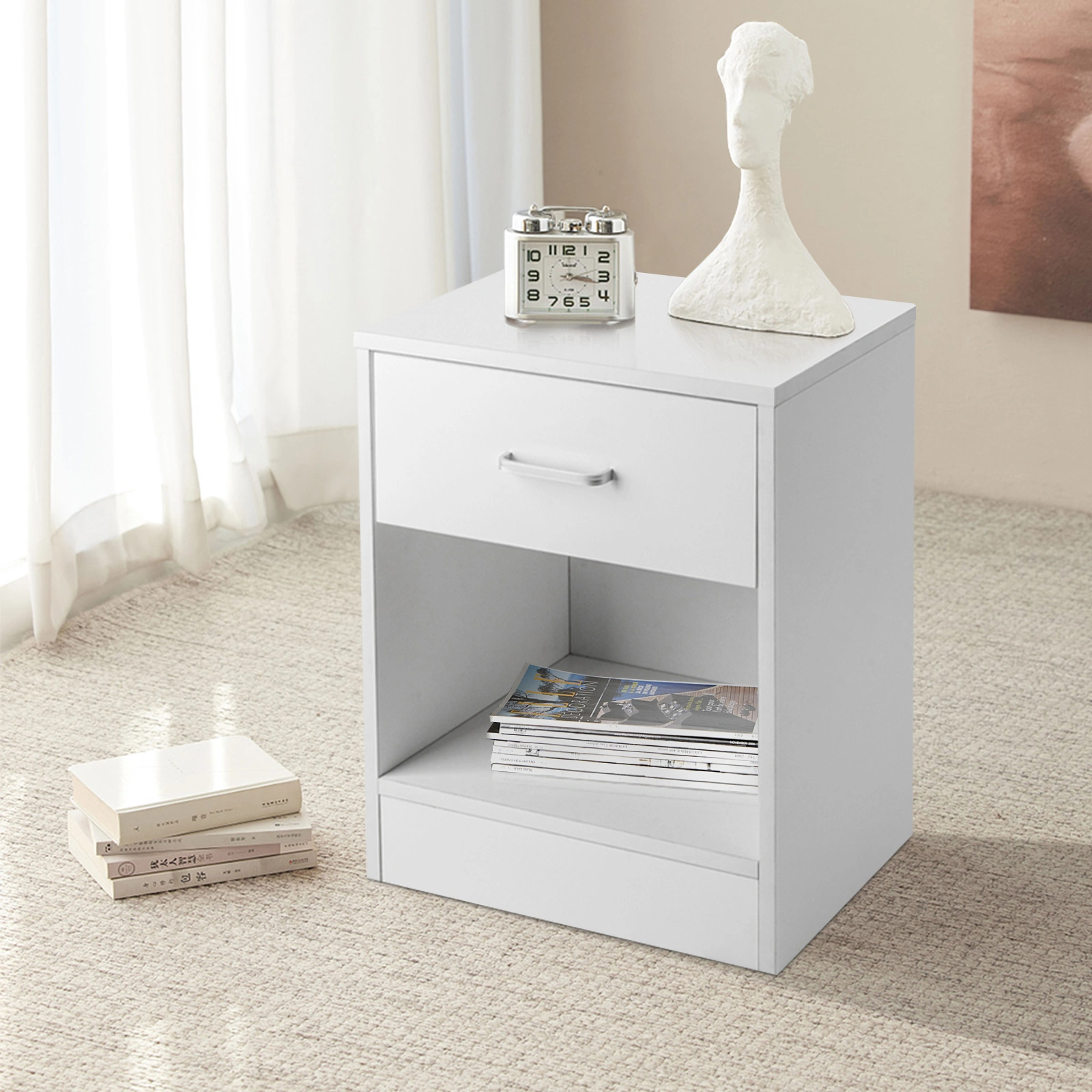 2 Piece White Nightstands with Drawer, Modern Bedside Tables view 3