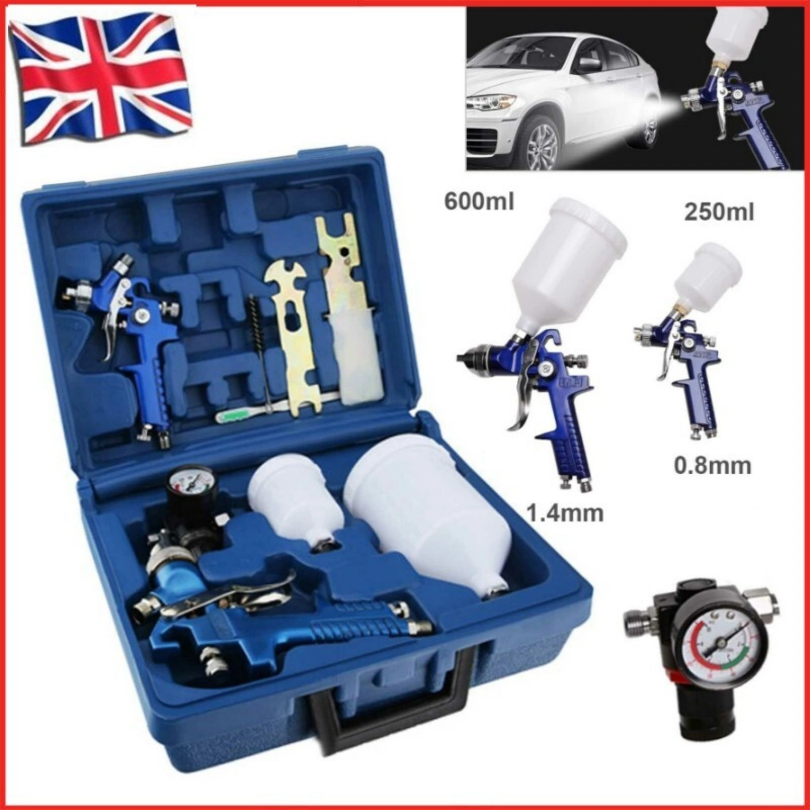 2x HVLP Spray Gun Kit, Air Gravity Feed for Vehicle Car Paint, 0.8mm & 1.4mm Nozzle