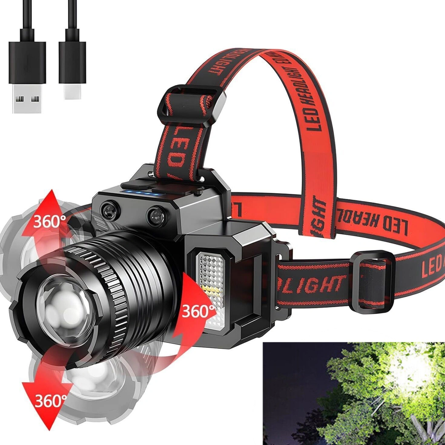 Canping 5-Mode LED Headlamp with Motion Sensor, USB Rechargeable, Waterproof Front Light for Hiking Camping Running, Bright Headlight view 3