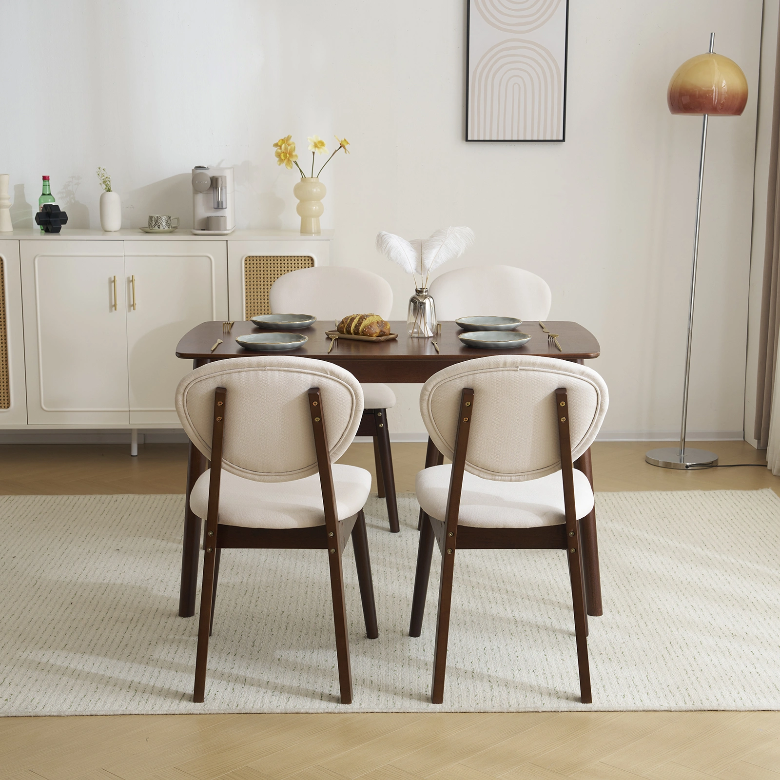 Rubber wood soft bag deep walnut dining table and chair set 1 table 4 chairs beige cushion rectangular view 20