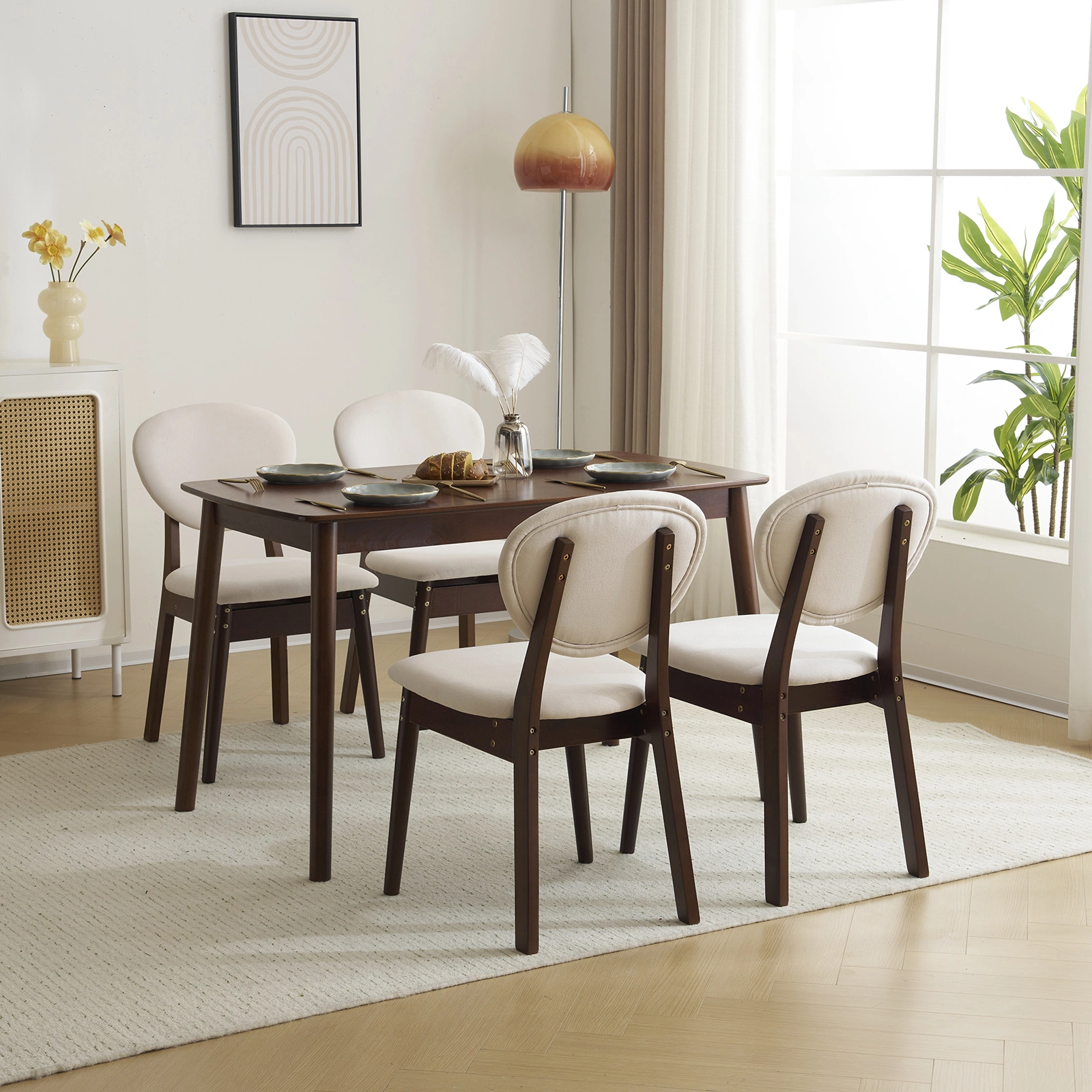Rubber wood soft bag deep walnut dining table and chair set 1 table 4 chairs beige cushion rectangular view 21