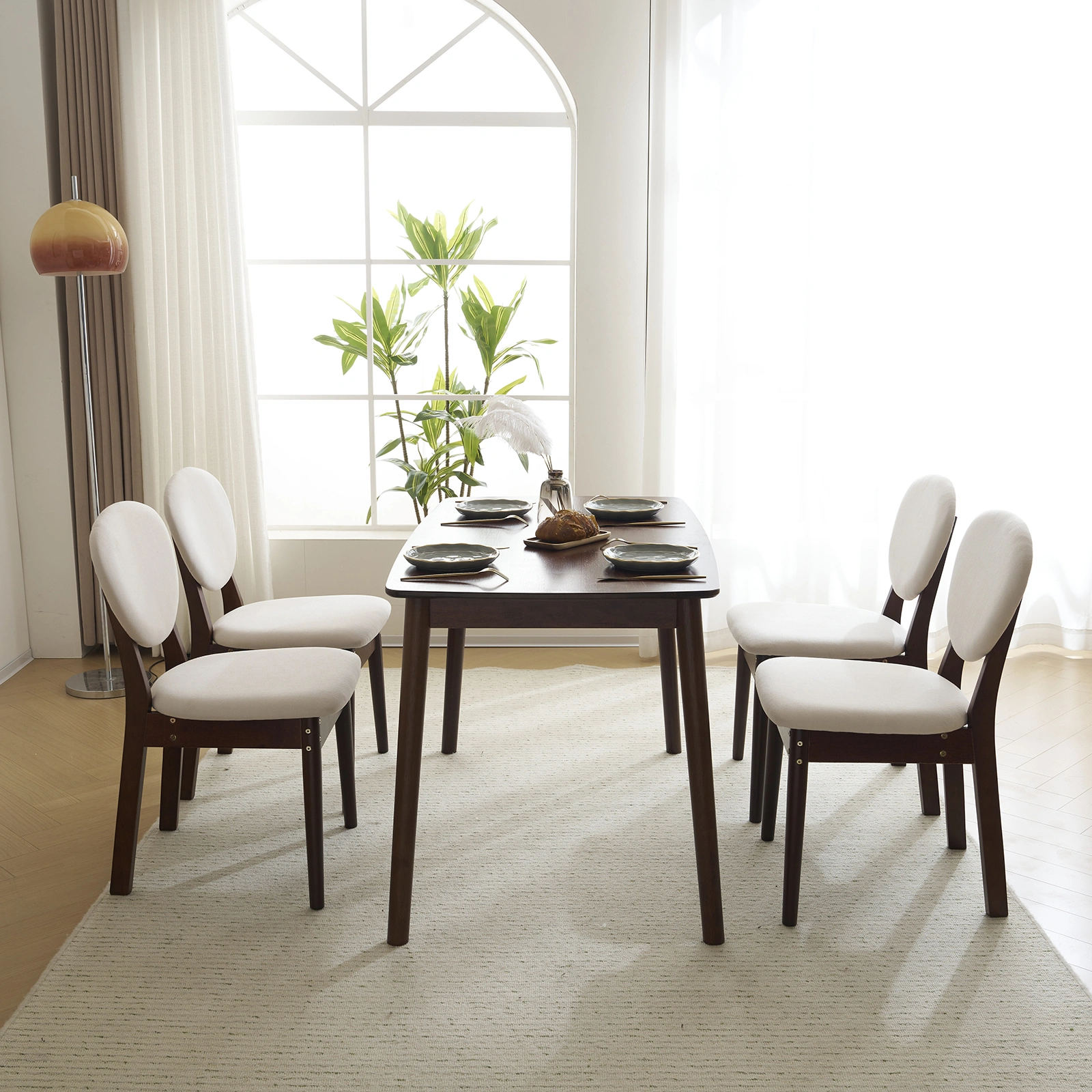 Rubber wood soft bag deep walnut dining table and chair set 1 table 4 chairs beige cushion rectangular view 25