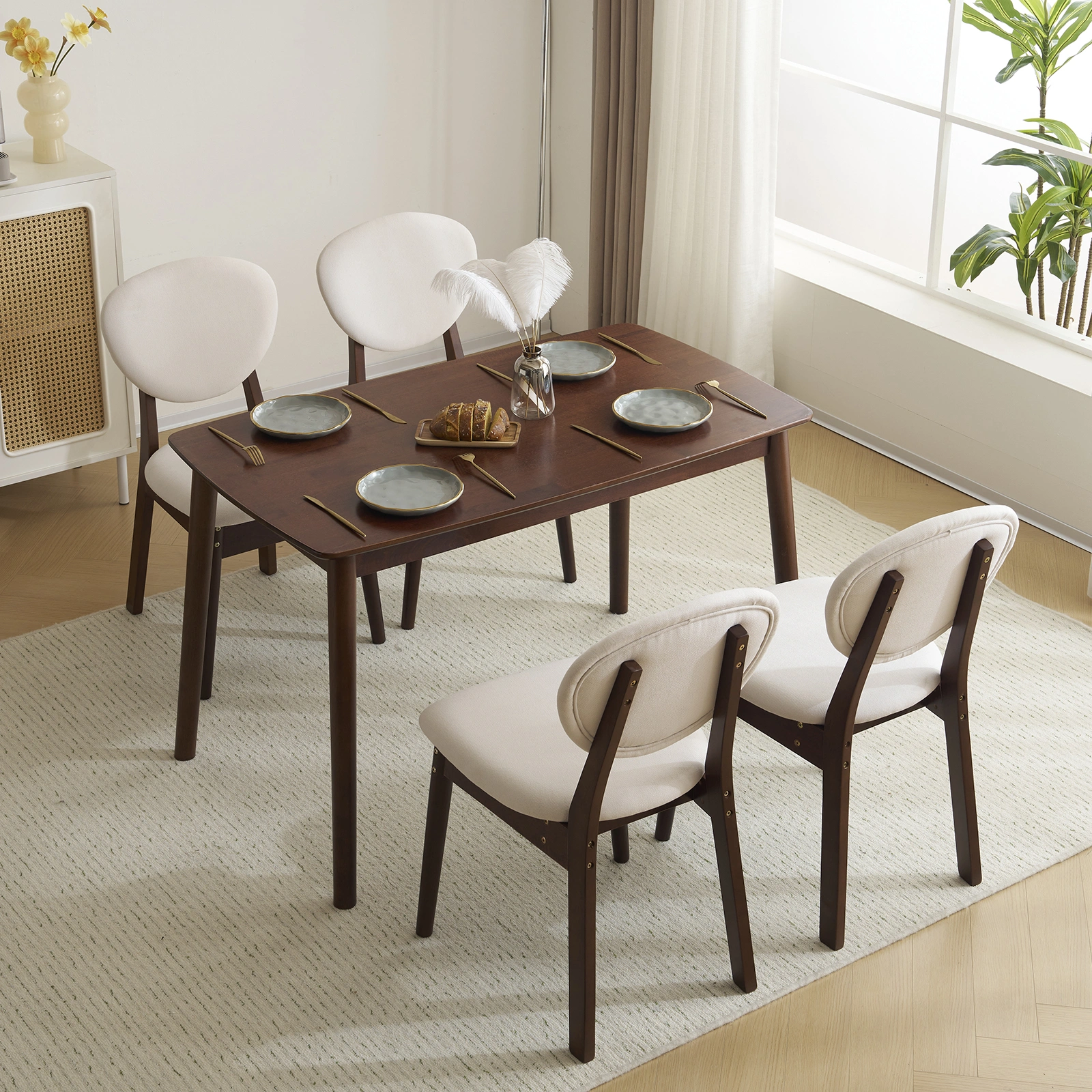 Rubber wood soft bag deep walnut dining table and chair set 1 table 4 chairs beige cushion rectangular view 26