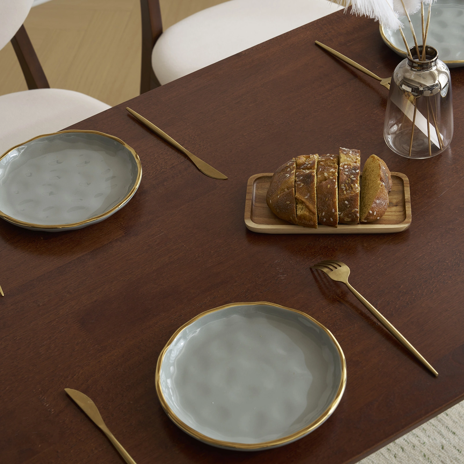 Rubber wood soft bag deep walnut dining table and chair set 1 table 4 chairs beige cushion rectangular view 28