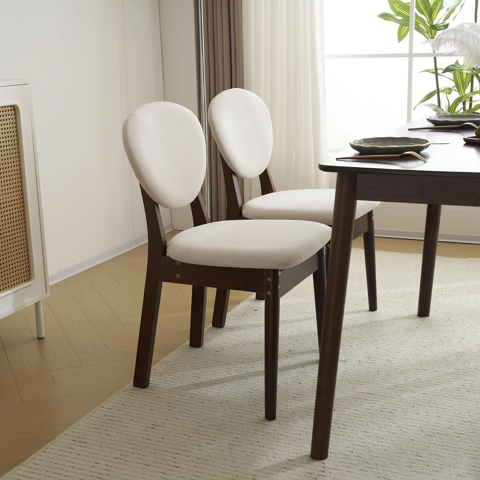 Rubber wood soft bag deep walnut dining table and chair set 1 table 4 chairs beige cushion rectangular view 30