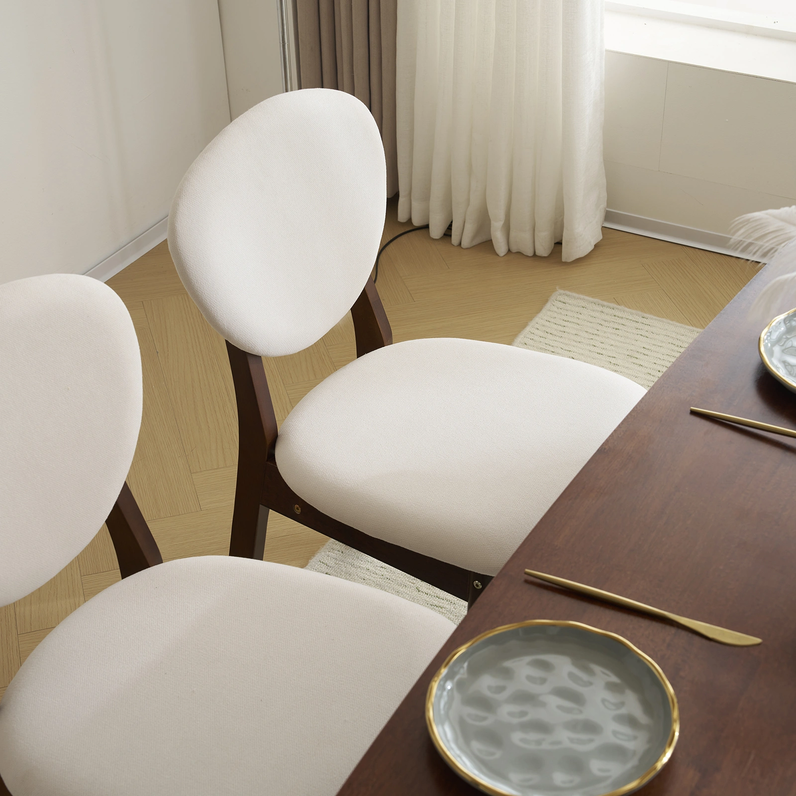 Rubber wood soft bag deep walnut dining table and chair set 1 table 4 chairs beige cushion rectangular view 31