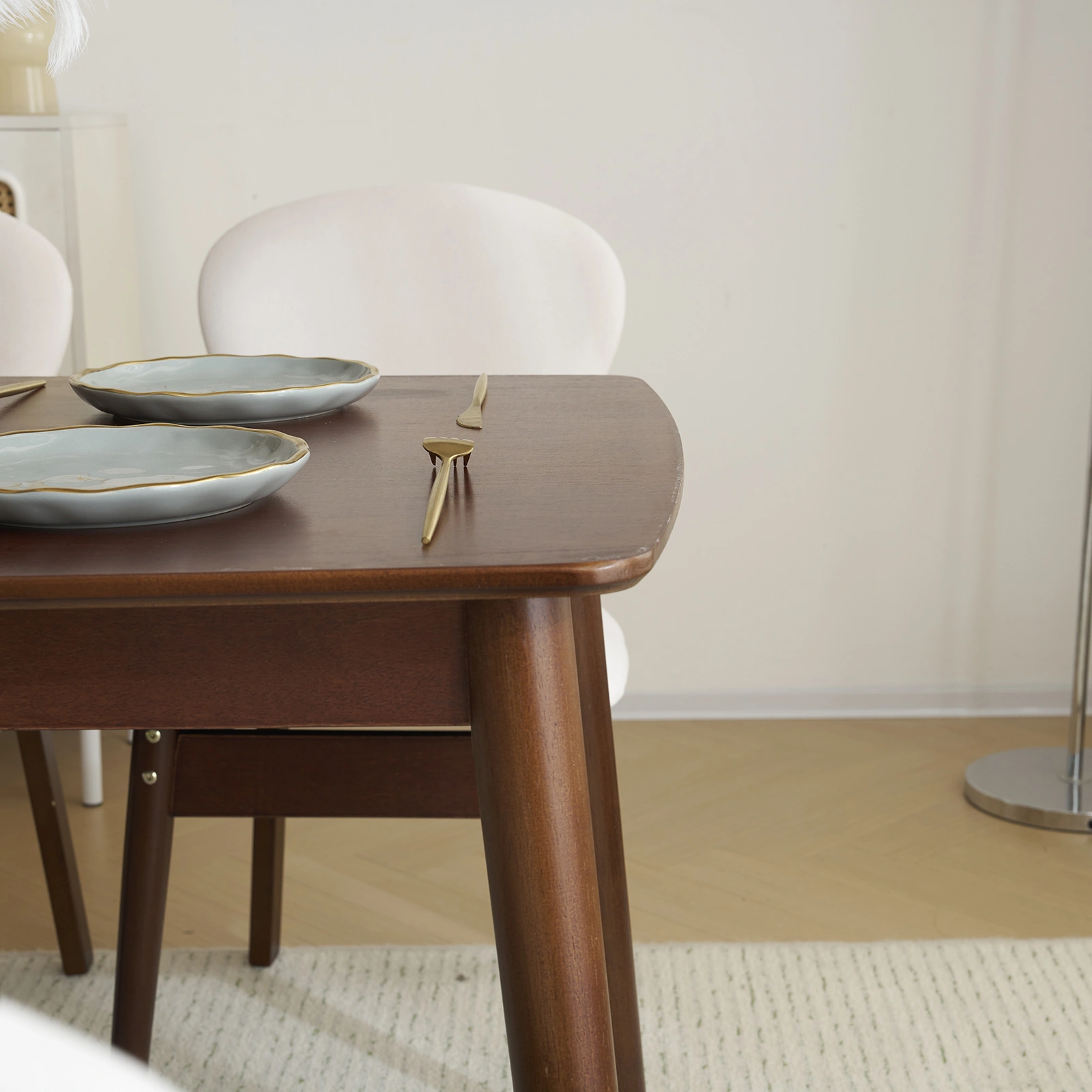 Rubber wood soft bag deep walnut dining table and chair set 1 table 4 chairs beige cushion rectangular view 33