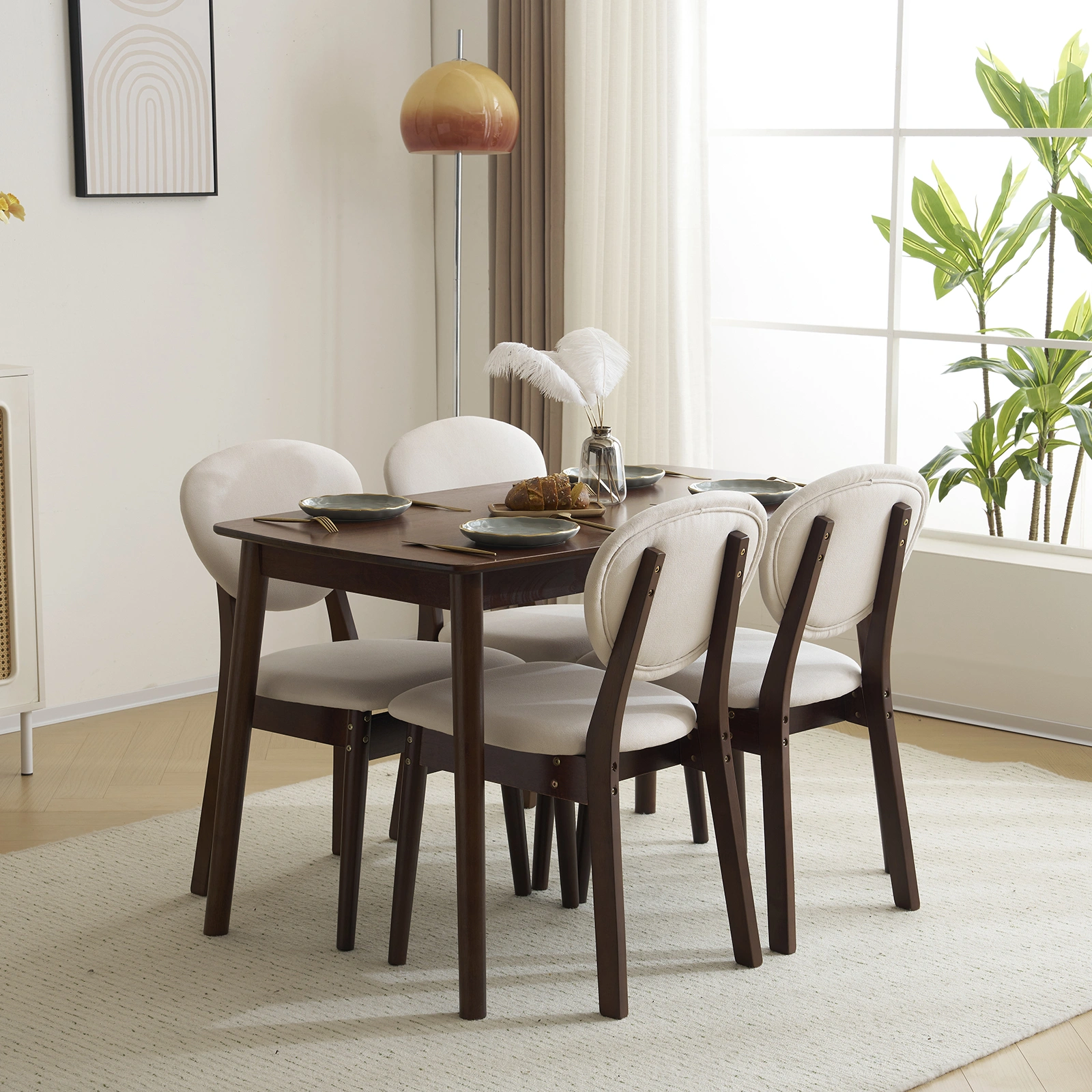 Rubber wood soft bag deep walnut dining table and chair set 1 table 4 chairs beige cushion rectangular view 34