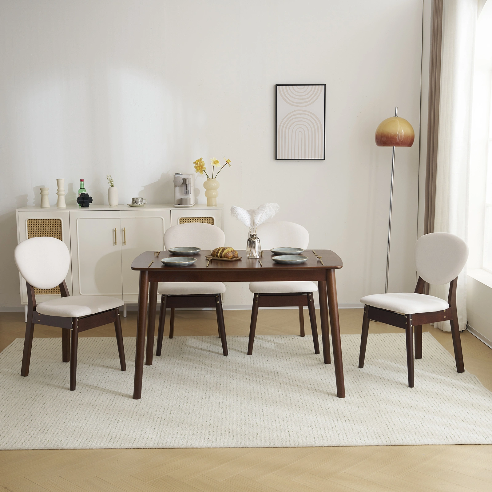 Rubber wood soft bag deep walnut dining table and chair set 1 table 4 chairs beige cushion rectangular view 36