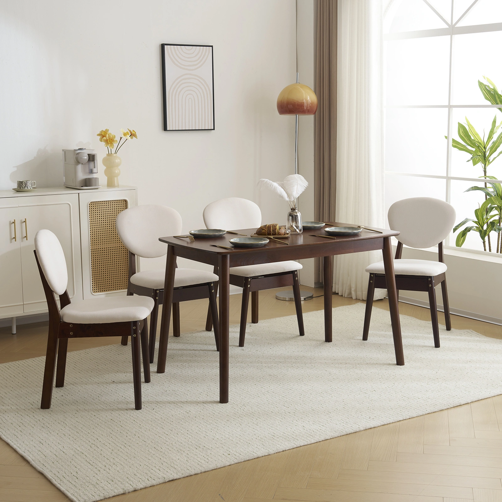 Rubber wood soft bag deep walnut dining table and chair set 1 table 4 chairs beige cushion rectangular view 37