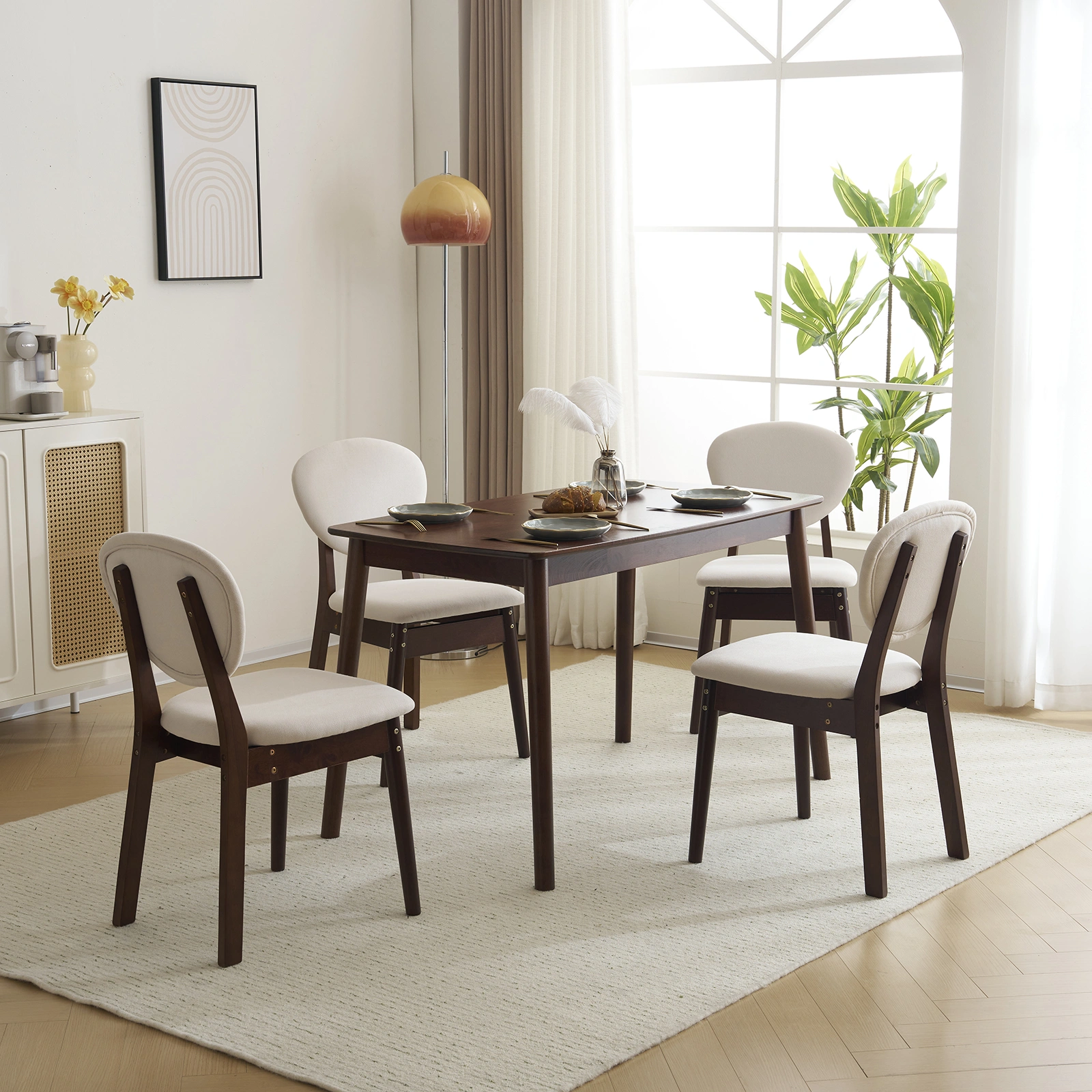 Rubber wood soft bag deep walnut dining table and chair set 1 table 4 chairs beige cushion rectangular view 39