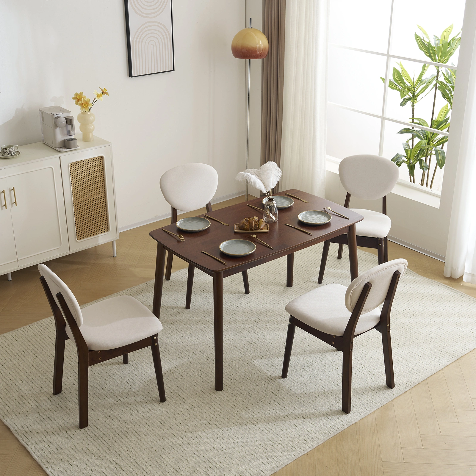 Rubber wood soft bag deep walnut dining table and chair set 1 table 4 chairs beige cushion rectangular view 40