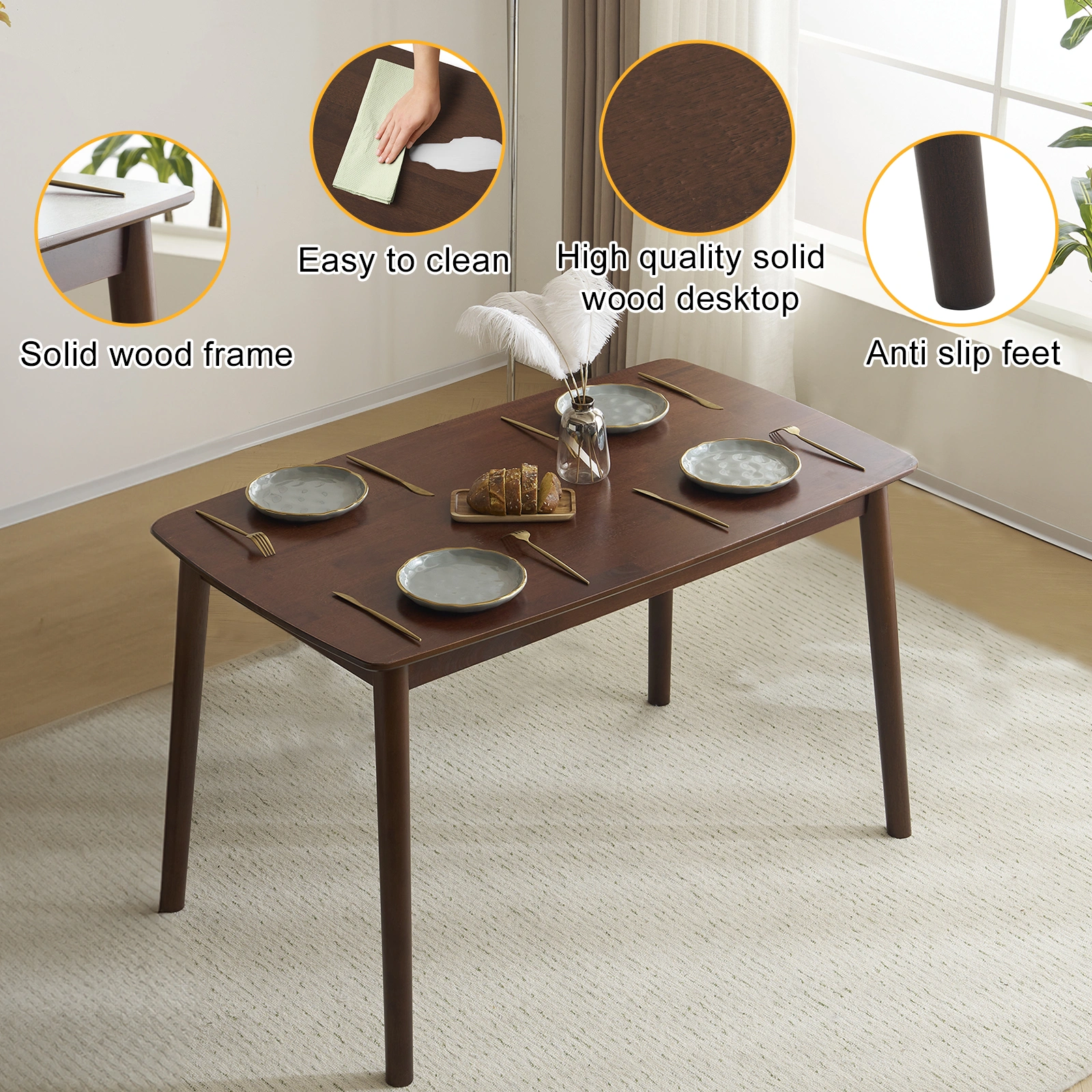 Rubber wood soft bag deep walnut dining table and chair set 1 table 4 chairs beige cushion rectangular view 7