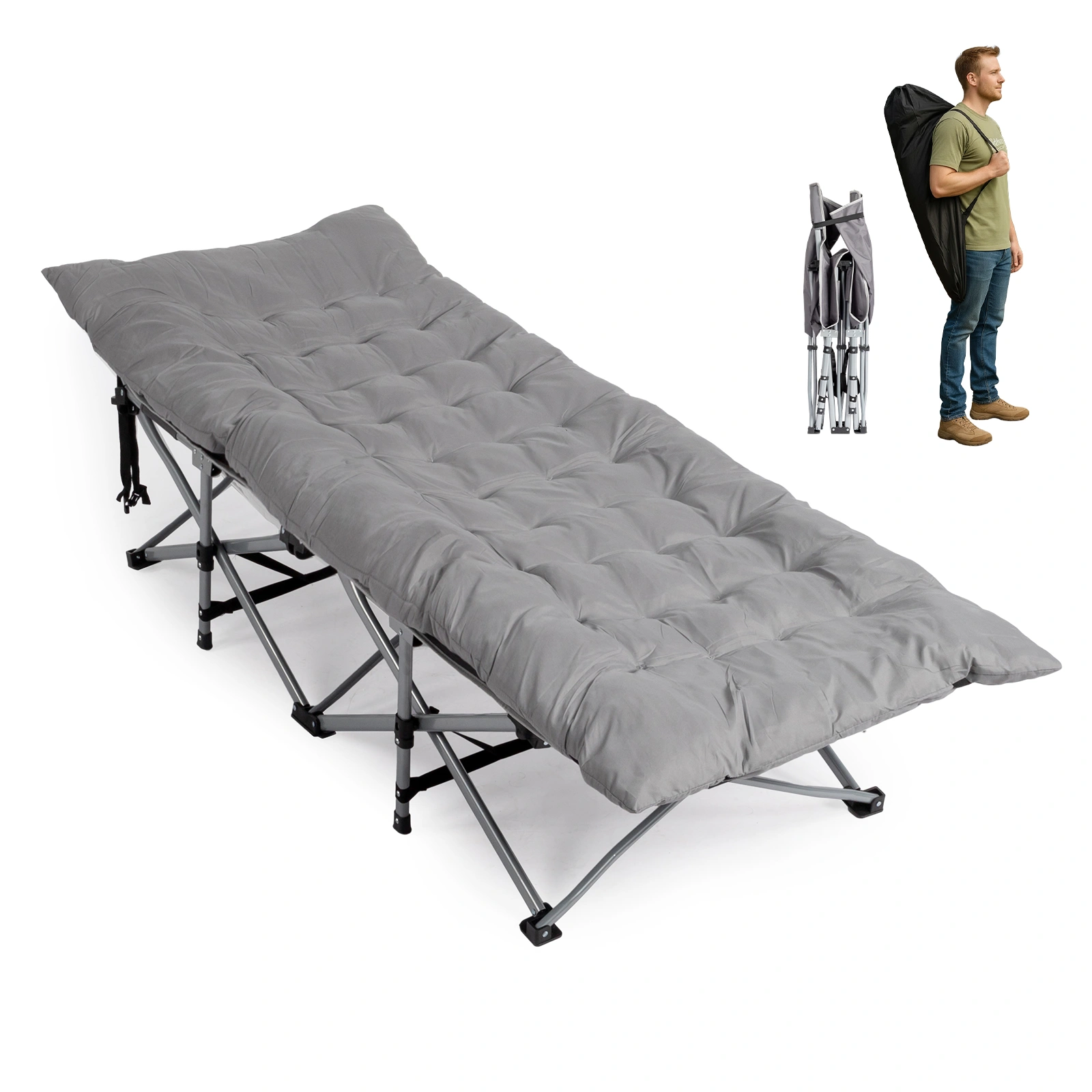 Folding Camping Cot Bed with Soft Pad, Portable Outdoor Cot for Adults, Gray, for Home Office, Beach, Travel