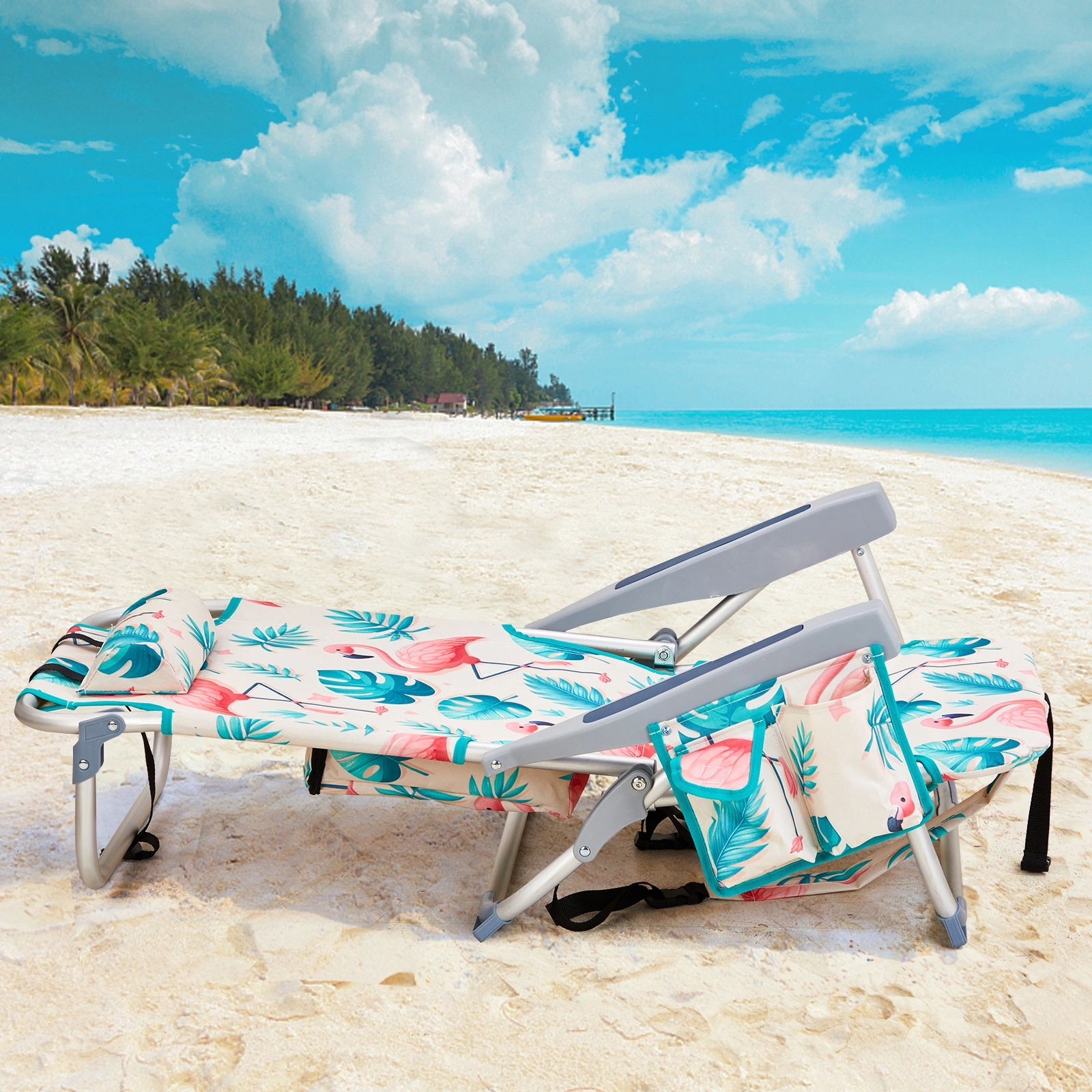 63*65*82cm Short Oxford Cloth Silver White Aluminum Tube Bearing 100kg Beach Chair Flamingo view 3
