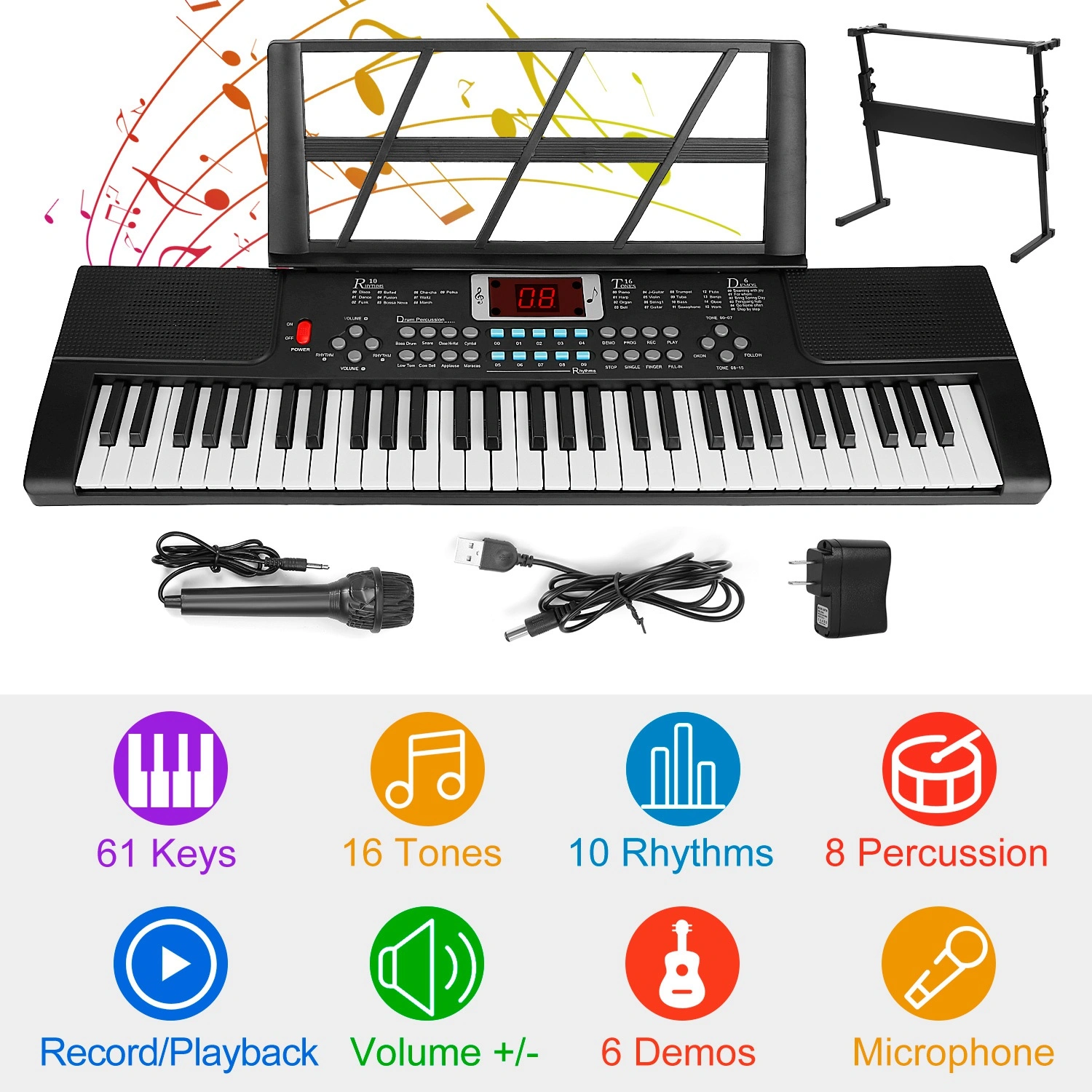 61 Key Kids Piano Toy with Adjustable Stand & Microphone - Multifunctional Electronic Keyboard with 16 Tones, 10 Rhythms, Recording & HD Screen, Educational Music Toy for Boys Girls Birthday Christmas Gift view 10