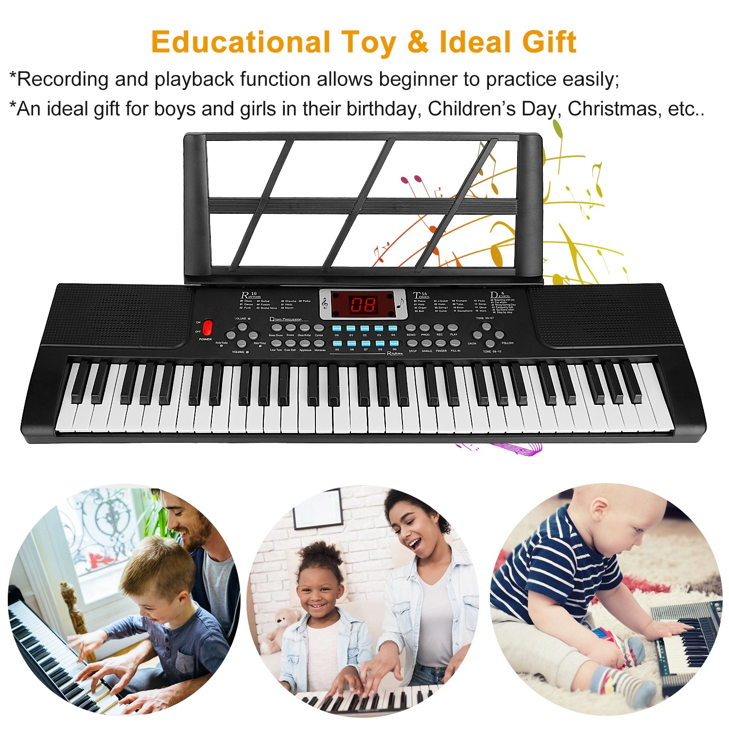 61 Key Kids Piano Toy with Adjustable Stand & Microphone - Multifunctional Electronic Keyboard with 16 Tones, 10 Rhythms, Recording & HD Screen, Educational Music Toy for Boys Girls Birthday Christmas Gift view 3
