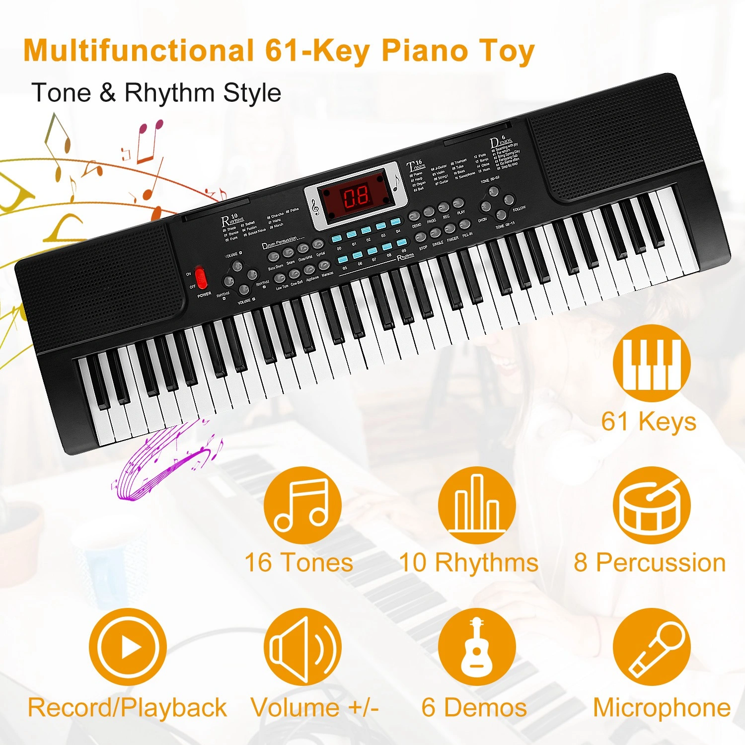 61 Key Kids Piano Toy with Adjustable Stand & Microphone - Multifunctional Electronic Keyboard with 16 Tones, 10 Rhythms, Recording & HD Screen, Educational Music Toy for Boys Girls Birthday Christmas Gift view 5