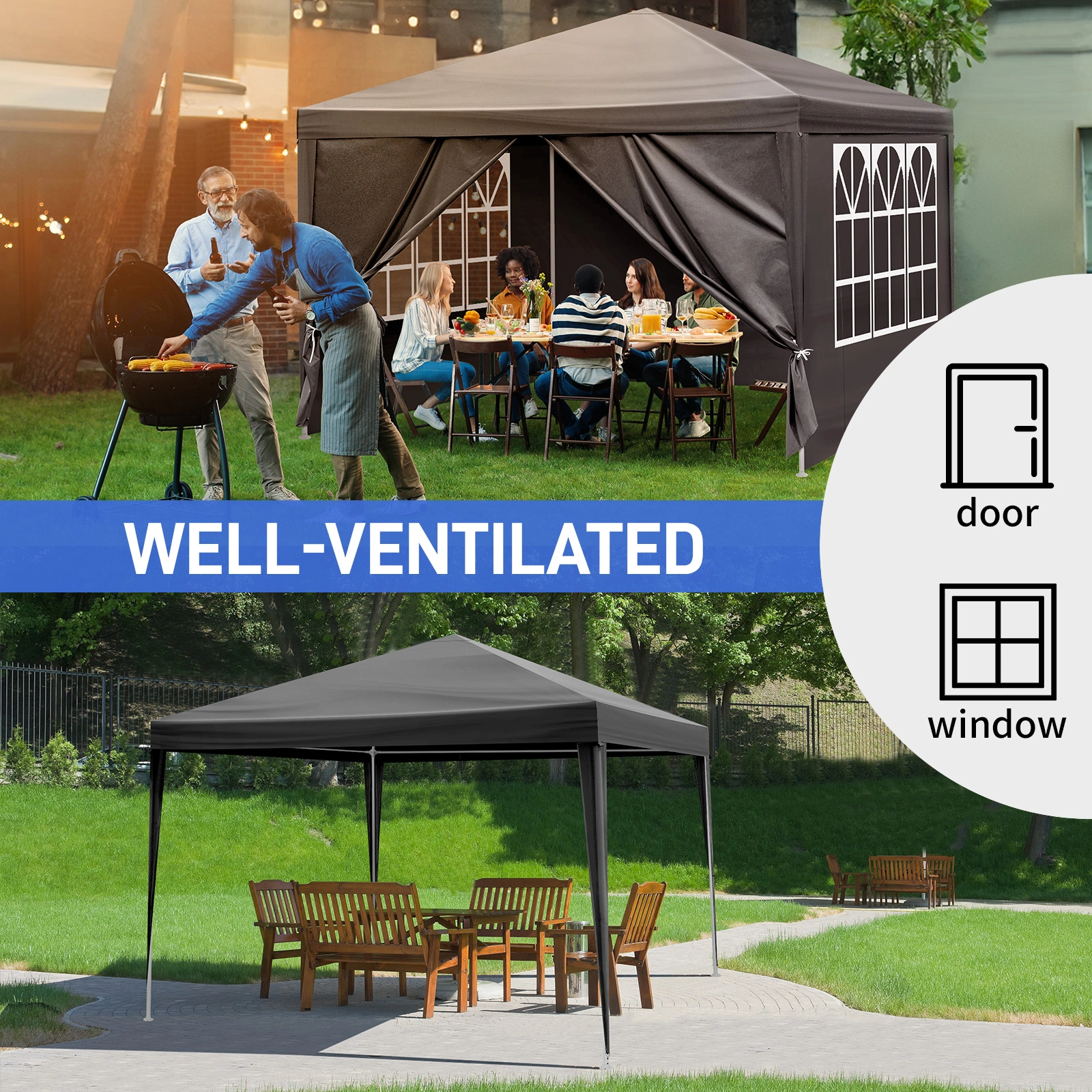 10'x10' Gazebo Waterproof Outdoor Canopy Patio Tent Party Tent for Wedding BBQ Cater, Black view 9