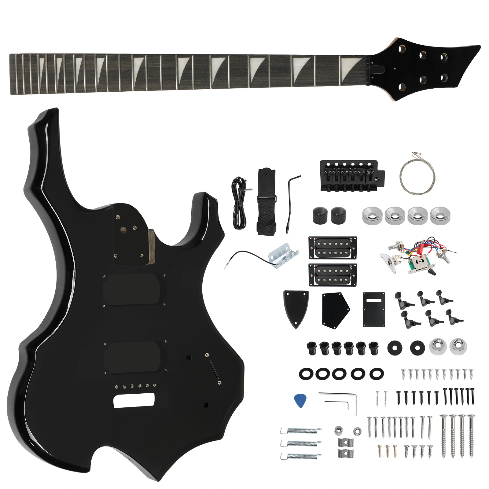 DIY 6 String Flame Shaped Style HSH Electric Guitar Kits with Mahogany Body, Maple Neck and Accessories Black