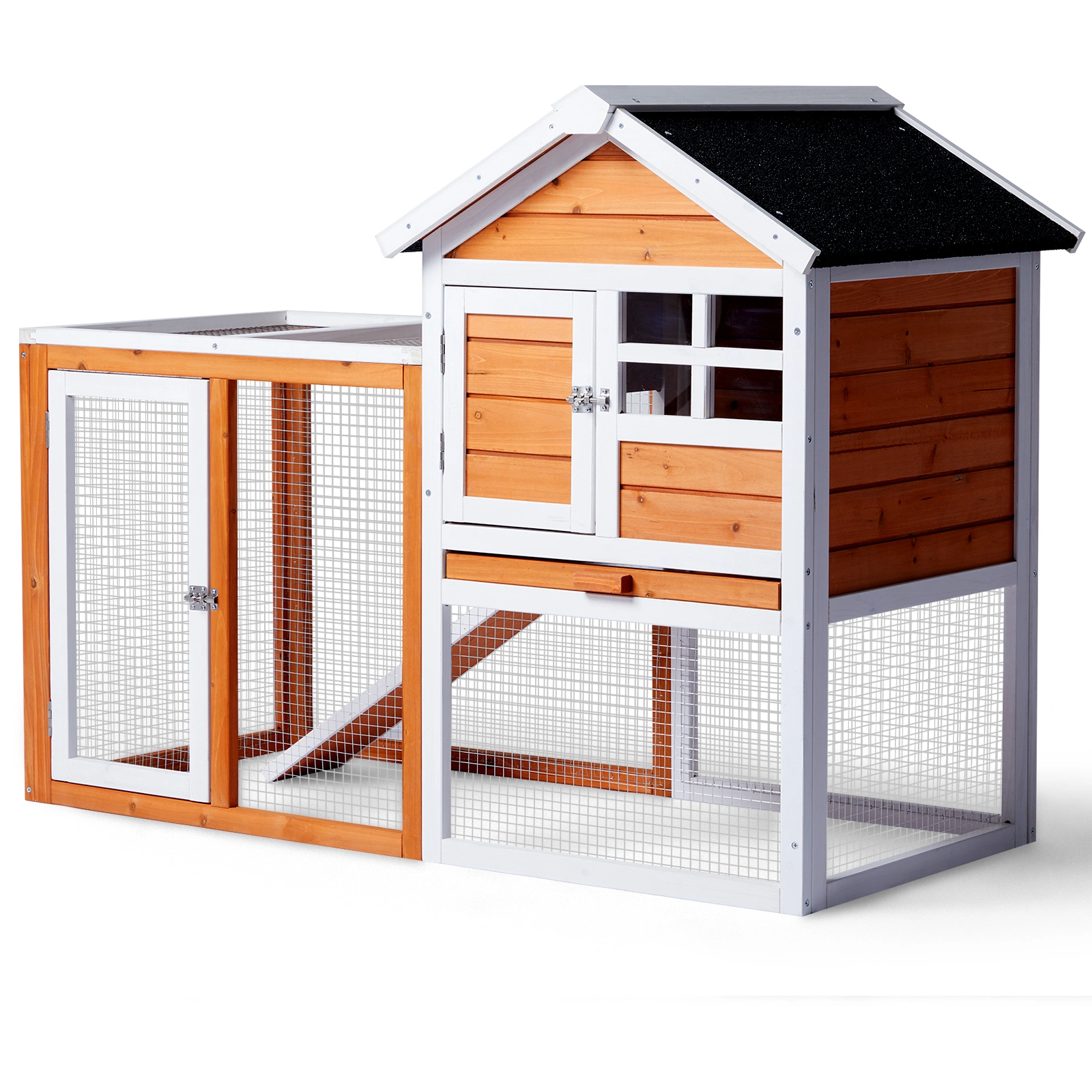 Wooden Rabbit Hutch Outdoor Indoor Chicken Coop Bunny Cage with Run Guinea Pig Pet House, Orange Pull-Out Tray view 13