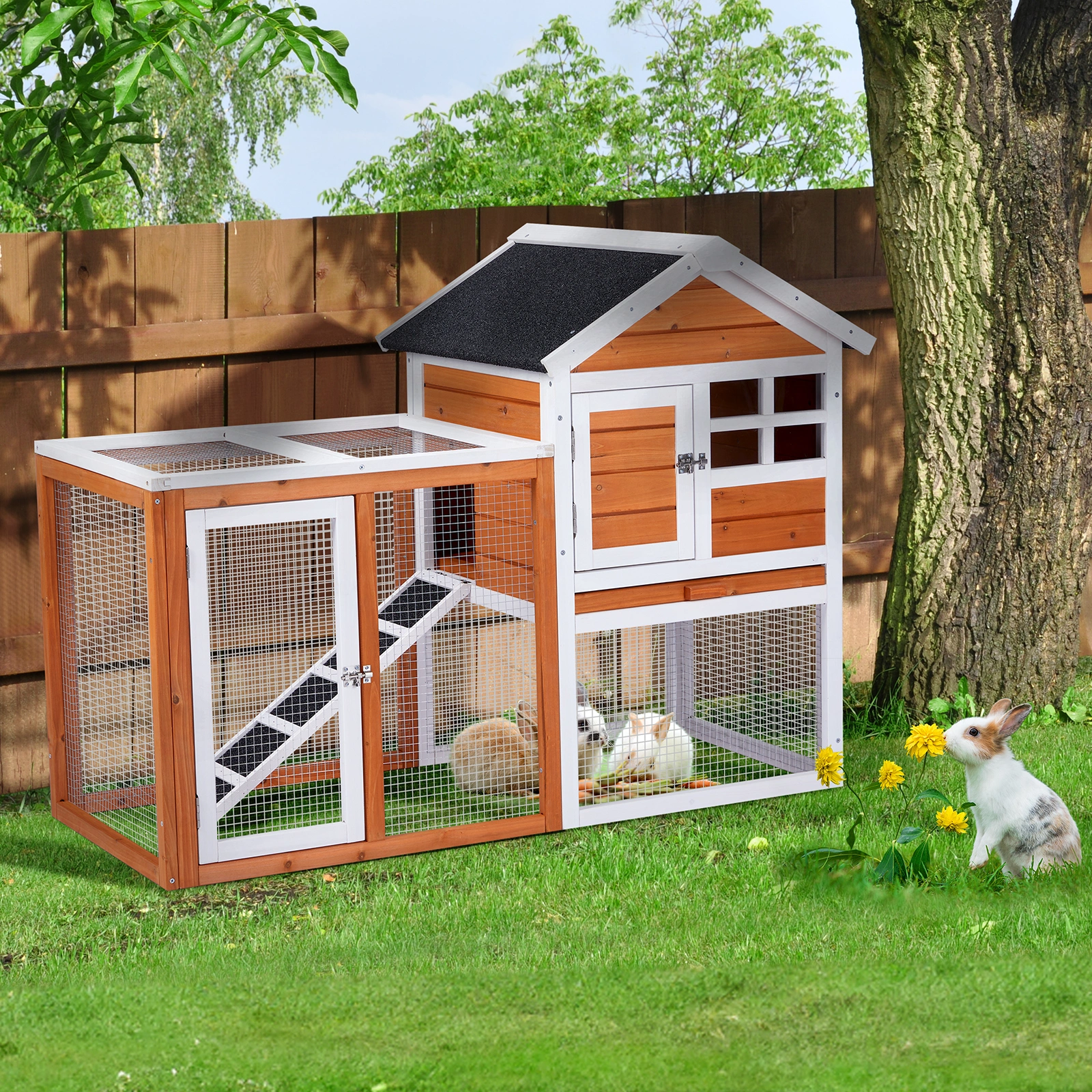 Wooden Rabbit Hutch Outdoor Indoor Chicken Coop Bunny Cage with Run Guinea Pig Pet House, Orange Pull-Out Tray view 15