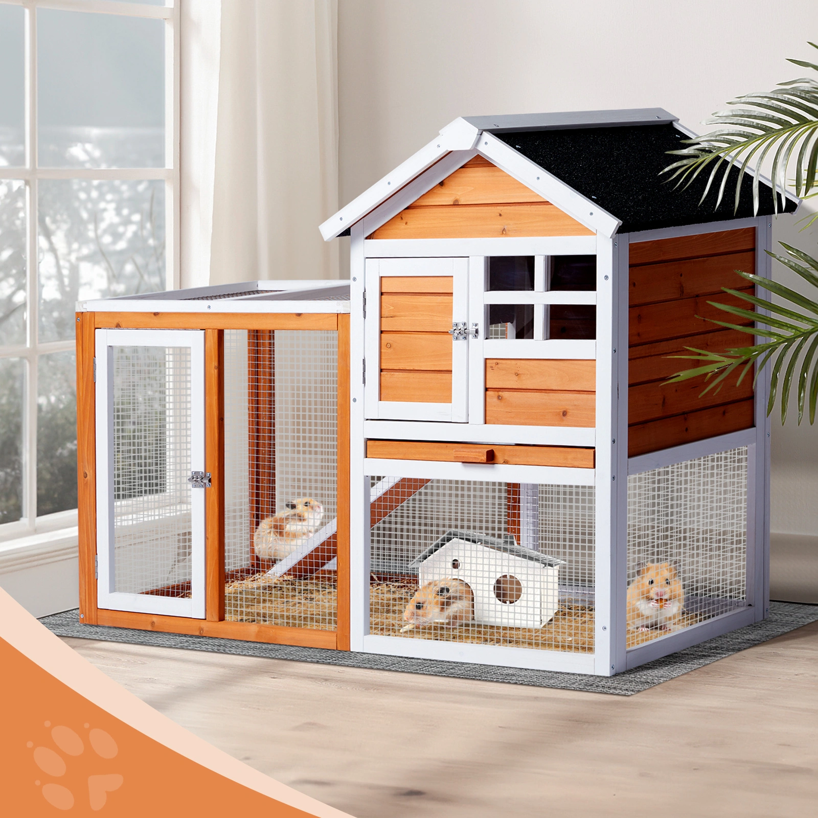 Wooden Rabbit Hutch Outdoor Indoor Chicken Coop Bunny Cage with Run Guinea Pig Pet House, Orange Pull-Out Tray view 16