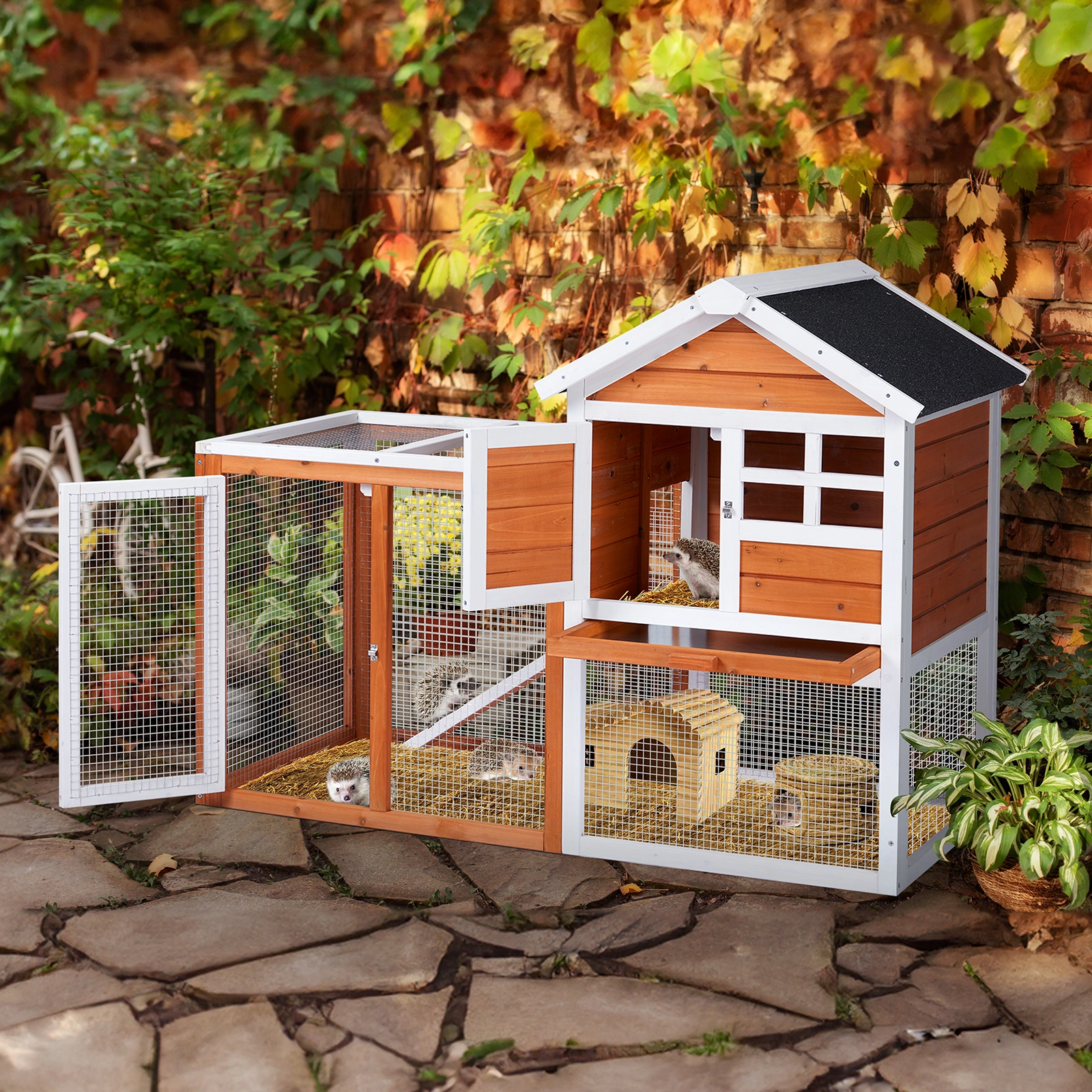Wooden Rabbit Hutch Outdoor Indoor Chicken Coop Bunny Cage with Run Guinea Pig Pet House, Orange Pull-Out Tray view 17