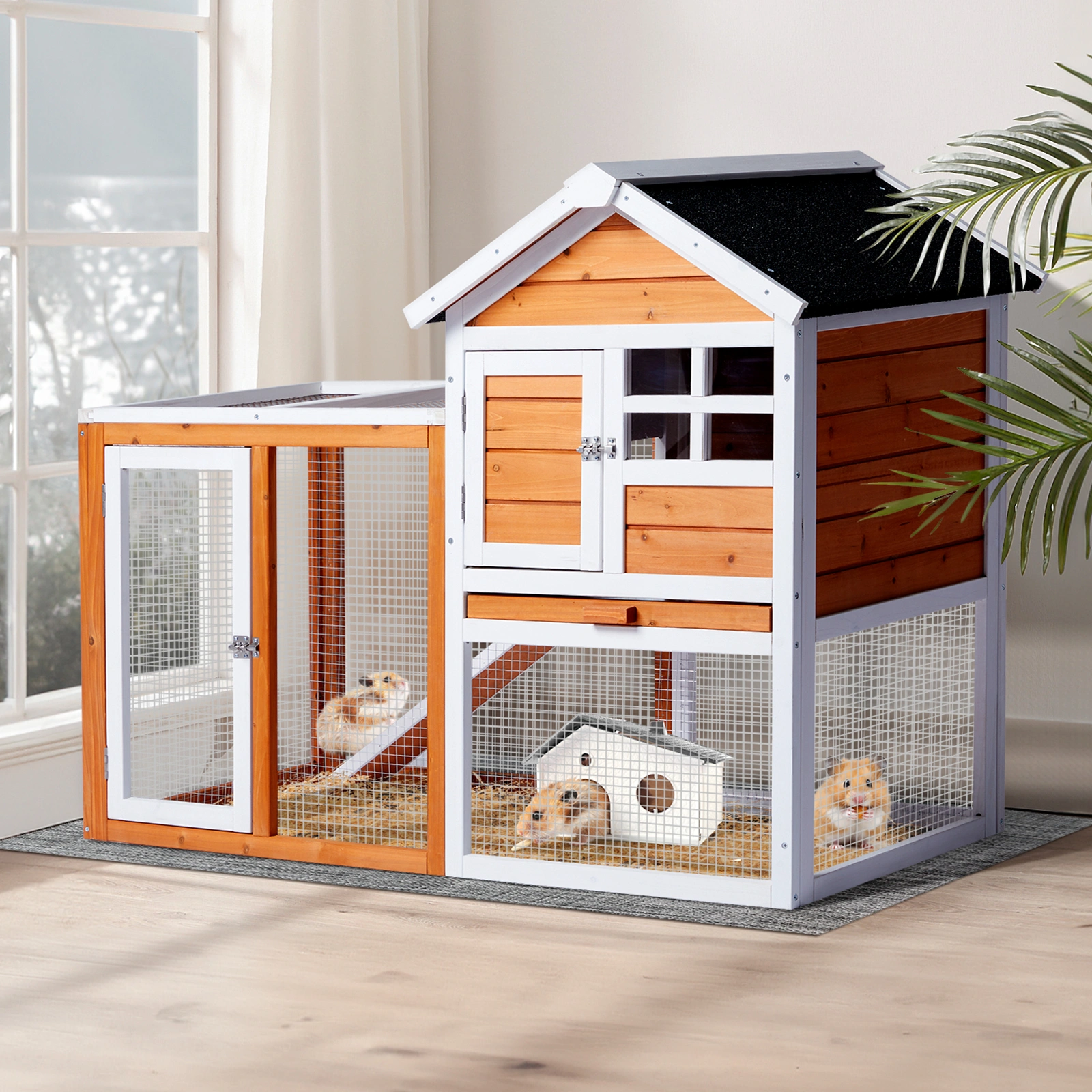 Wooden Rabbit Hutch Outdoor Indoor Chicken Coop Bunny Cage with Run Guinea Pig Pet House, Orange Pull-Out Tray view 18