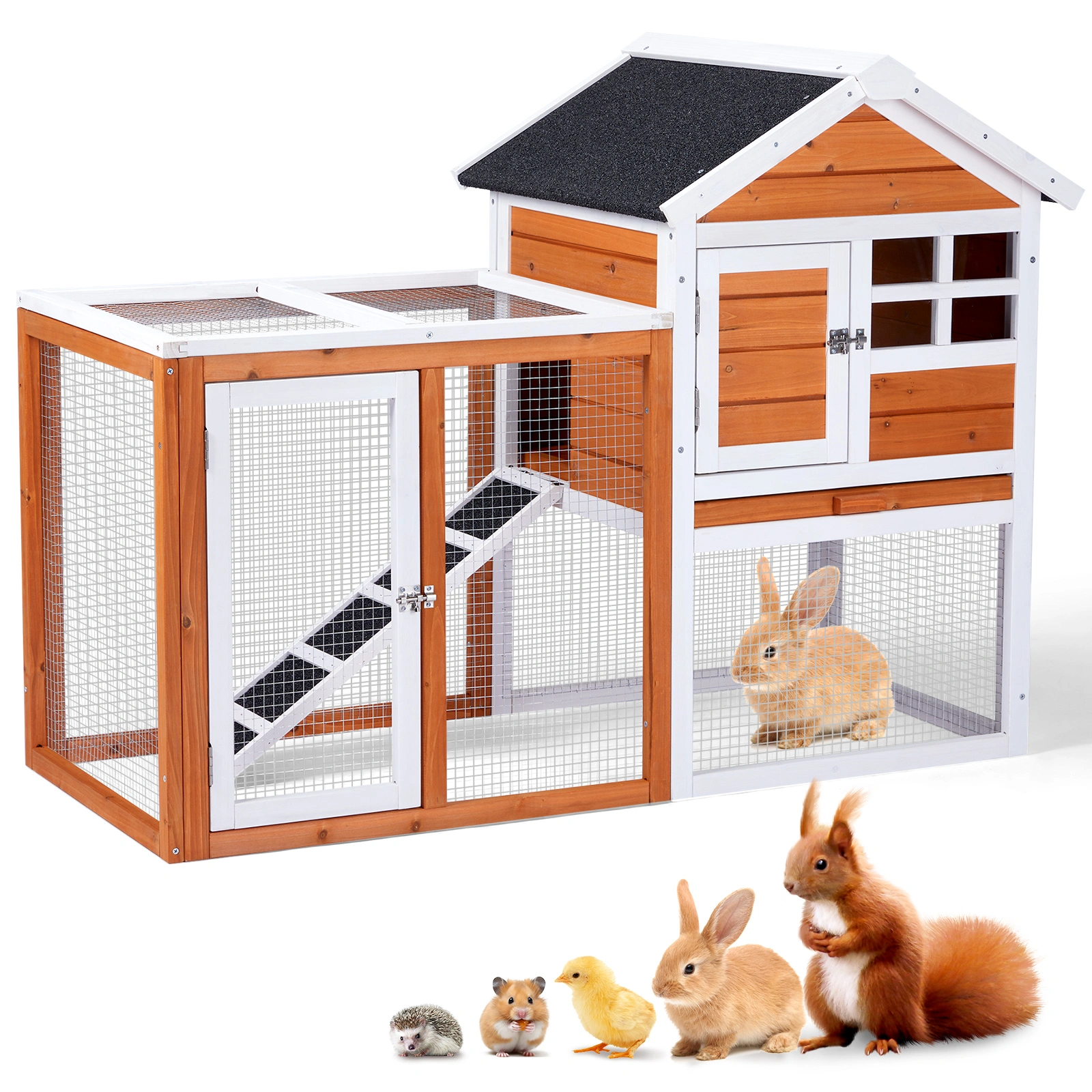 Wooden Rabbit Hutch Outdoor Indoor Chicken Coop Bunny Cage with Run Guinea Pig Pet House, Orange Pull-Out Tray view 2