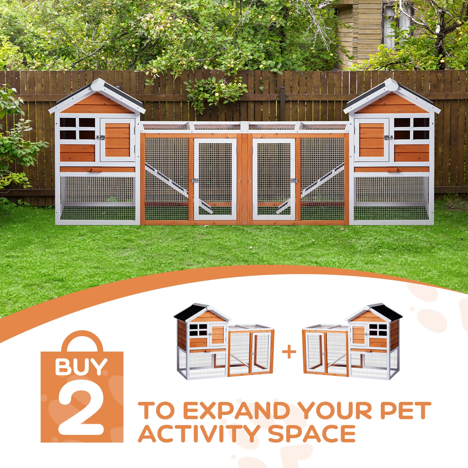 Wooden Rabbit Hutch Outdoor Indoor Chicken Coop Bunny Cage with Run Guinea Pig Pet House, Orange Pull-Out Tray view 3